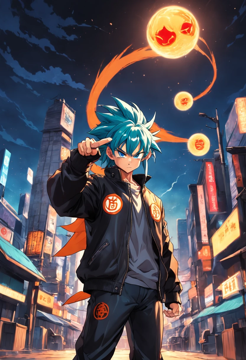 Dragon ball style,Pointed middle finger pointed at head,olhos castanhos,barba longa, cabelos longos, Topknot, sorridente, leather jacket, Capsule logo on jacket
