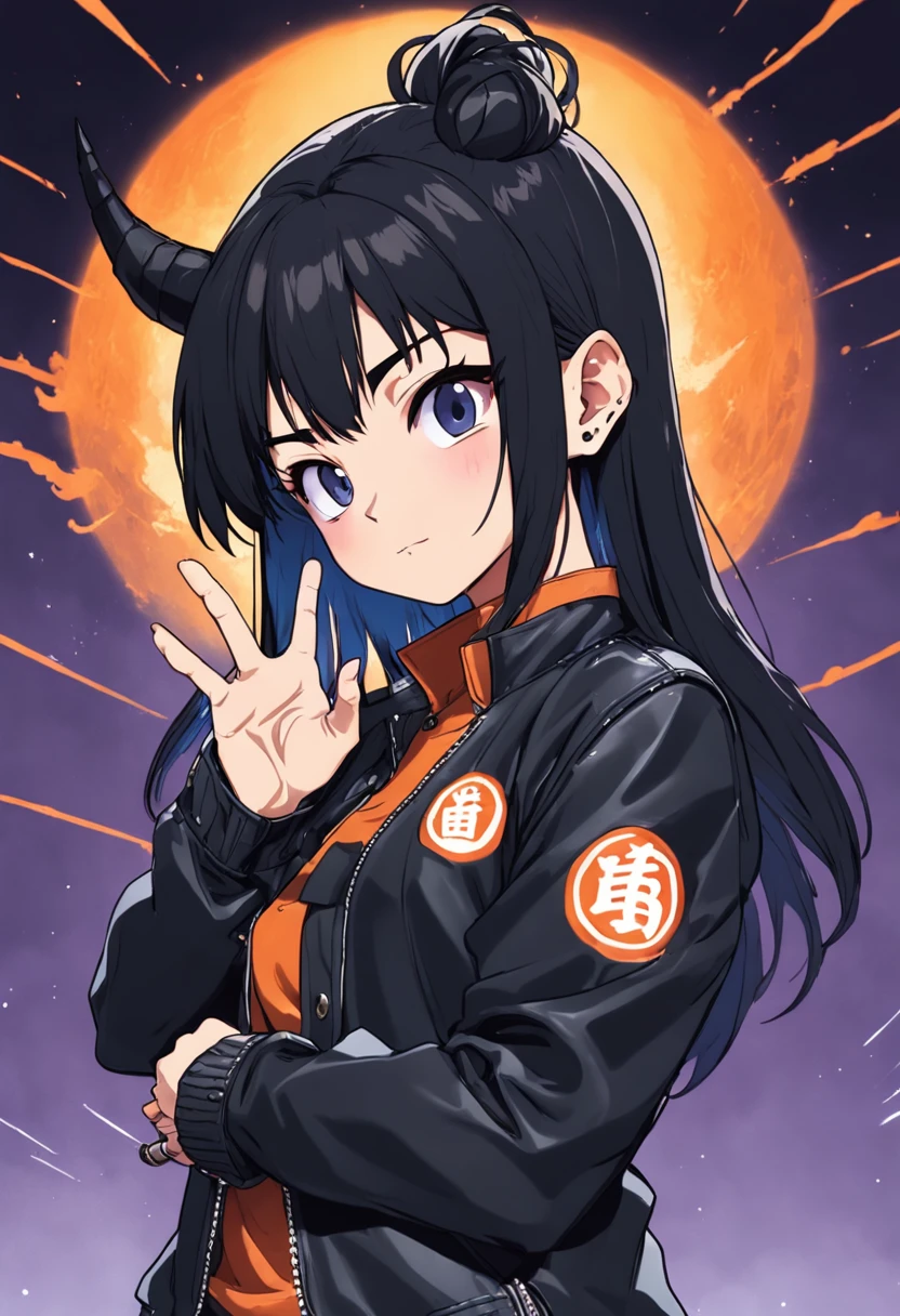 Dragon ball style,Pointed middle finger pointed at head,olhos castanhos,barba longa, cabelos longos, Topknot, sorridente, leather jacket, Capsule logo on jacket