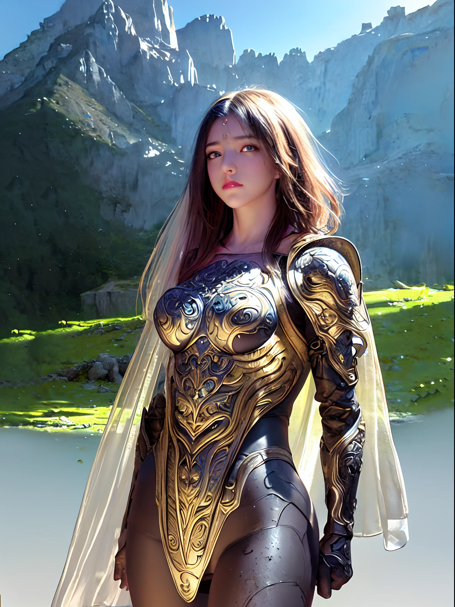 (upper body:1.5), 1girl, depth of field, official art, unity 8k wallpaper, ultra detailed, illustration, beautiful and aesthetic, masterpiece, best quality, knight, (big breasts), (milf, mature female), (black armor, armor, breastplate), beautiful face, (long hair, black hair,  very straight hair:1.4, hime cut:1.4), blue eyes, cowboy shot, glowing skin, back lighting, athletic figure, muscular female, curvy, wide hips, colorful, looking at viewer, Hyperrealistic, gradient background, dark background, outline, fantasy, from the front, watercolor, traditional media, (chromatic aberration, intricate details)