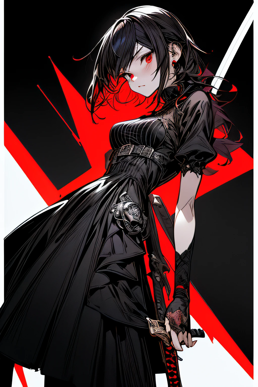 (comic book style),(linear art_Anime),(masutepiece, Best Quality, ),(Laura Bad Picture:1.2),(Lora Add Details:1.2),Highly detailed flat color:0.8, 8K,1 girl in,Gothic punk、Black long dress、holds a black sword、Red fresh blood、magic circle background
