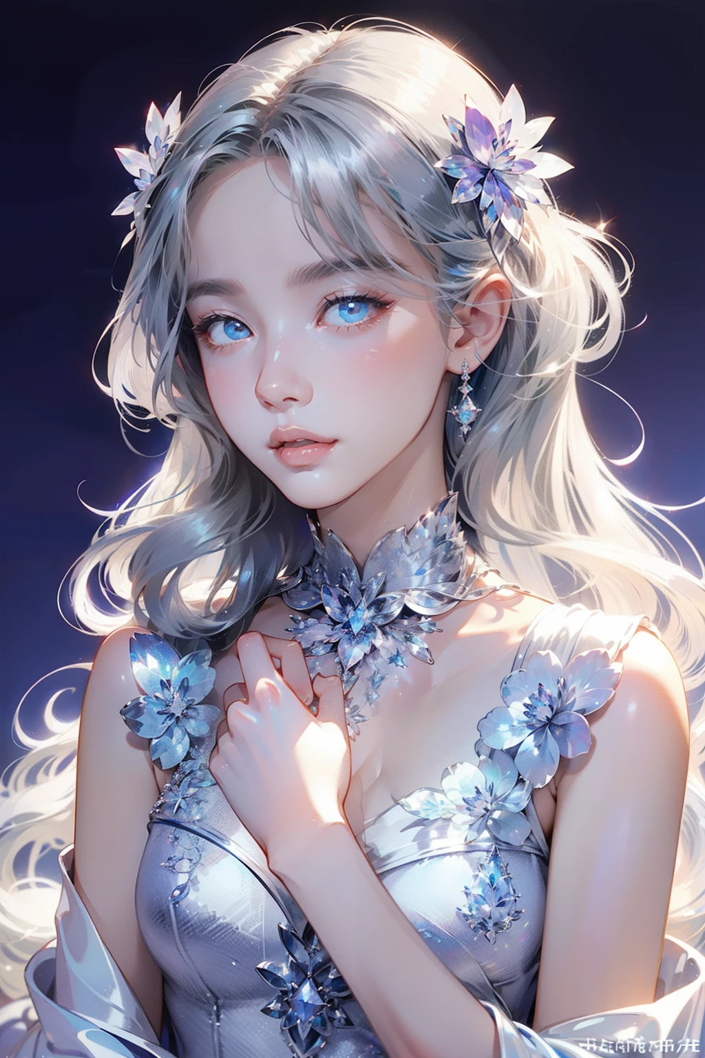 The hair is covered with beautiful and delicate floral craftsmanship, Crystal jewelry filigree，jewelry，Ultra-detailed details，Beautiful aristocratic girl，Gray hair is elegantly coiled，(((Silvertone)))，golden colored。Blue and purple clear eyes，crystal