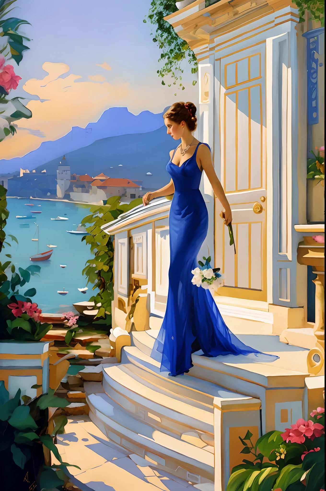 Painting of a woman in a blue dress standing on a set of steps, Pintura digital elegante, Bela arte UHD 4K, Vladimir Volegov, arte digital de um elegante, ( ( Konstantin Razumov ) ), bela arte digital, Pintura Vladimir Volegov, Konstantin Razumov, exquisite digital illustration, inspirado em Evgeny Lushpin, pele morena, rosto perfeito, hands without deformations.