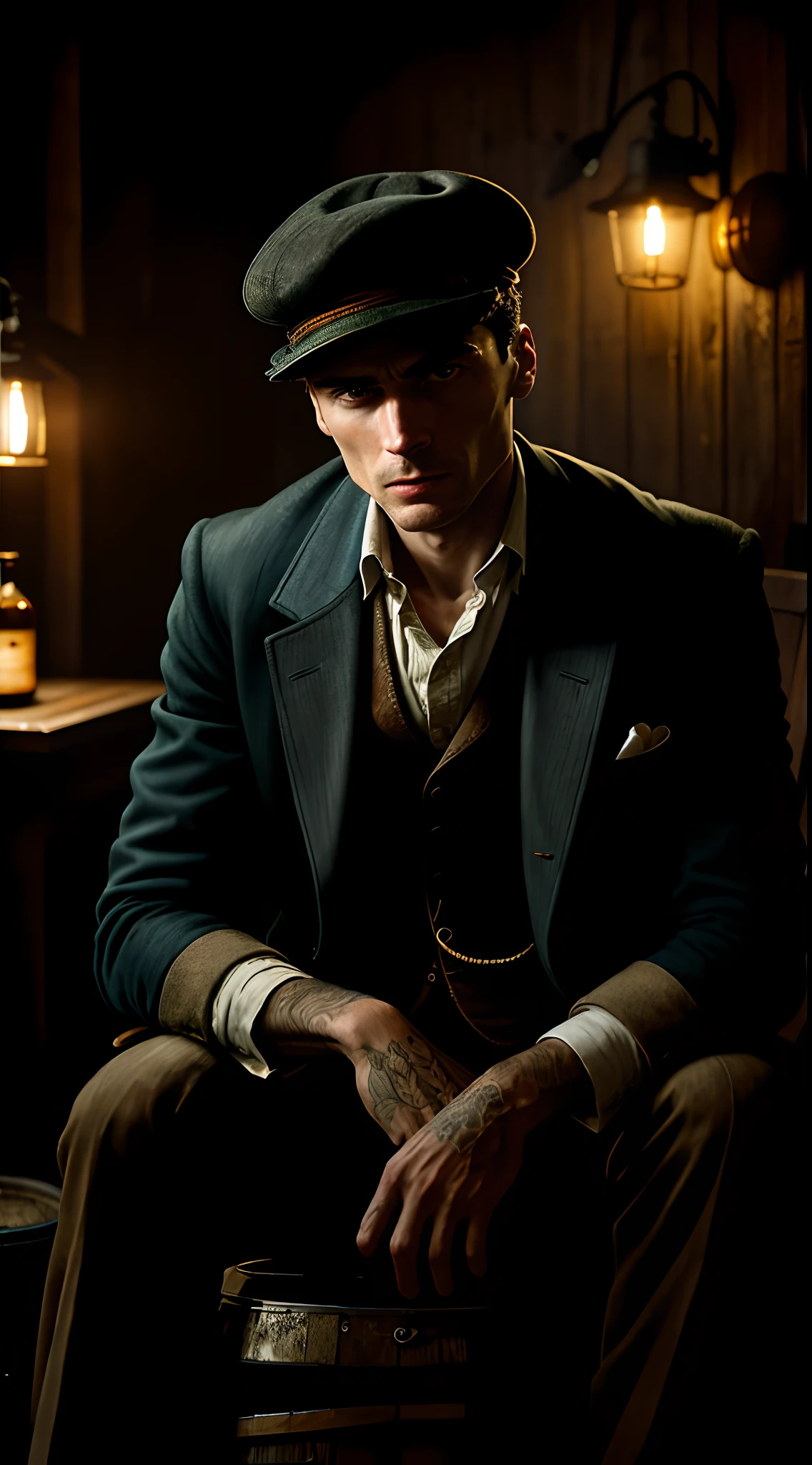 Thomas shelby sitting in the barrel old truck peaky blinders clear photo: realistic epic, smooth cinematic portrait, adobe lightroom, photographic lab, highly detailed, faded, art by greg rutkowski and artgerm ,neutral colors: 1,2), (hdr:1,4) , (soft colors:1.2), hyperdetailed, (artstation:1.4), cinematic, warm lights, dramatic light, (intricate details:1.1), complex background, (rutkowski:0.66), (blue and orange:0.4)