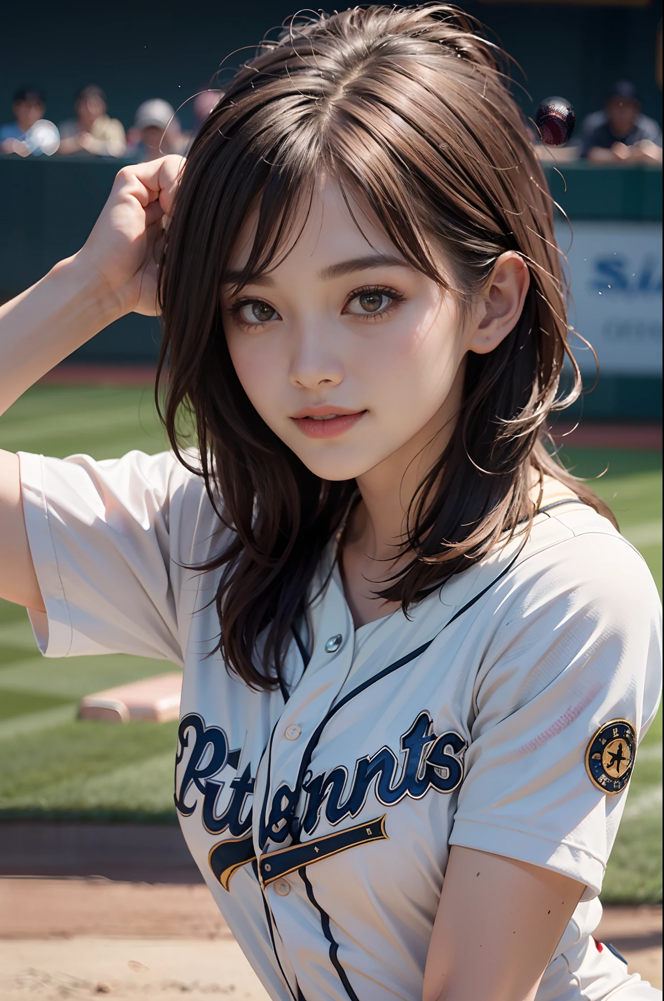 (8K, Raw photo, top-quality, masterpiece: 1.2), masterpiece, super detailing, Ultra-high decomposition energy A, (Realistic and realistic photos: 1.37), high-definition RAW color photography, Very delicate and beautiful., About Igree, 8K Wallpaper, astonishing, detaileds, extremely detailed eye, highlydetailed skin, extremely detailed fingers, highly detailed nose, highly detail mouth, perfect anatomia,1girl in, (Sexy Baseball Uniforms), a miniskirt,,large full breasts,A slender,Toned buttocks,Stockings,Keep one's mouth shut、Smile happily、largeeyes、Distinct double eyelids、Eye lashes、long neck、Absolute area、Clean collarbone、face perfect、thin lips、a small face、(Gaze towards the viewer、Highlights in the eyes、Light brown eyes、Gloss on lips)、 , Baseball Stadium, jewely, Cute smile,Short hair, Solo, 18year old、hposing Gravure Idol, First pitch ceremony,Pitcher's Mound, (Baseball Pose:1.4),Perfect Lighting,dynamic ungle,