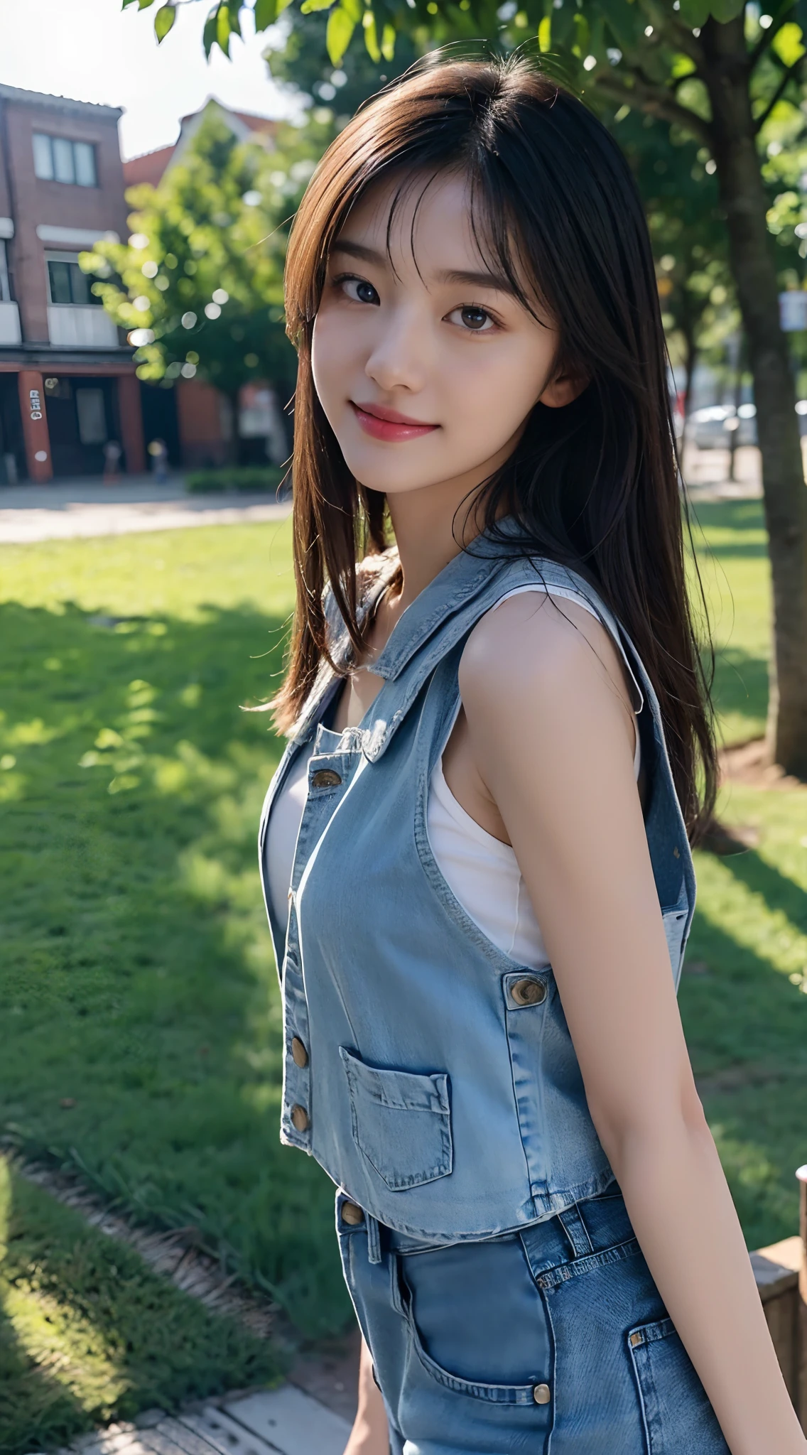 best qualtiy，tmasterpiece，超高分辨率，（真实感：1.4），RAW photogr，1girll，long whitr hair，huge tit，Pure，Girly，Flushing，18-year-old smiling female classmate，Pure，Innocent，（best qualtiy，8K，tmasterpiece:1.3），Goose egg face，largeeyes，long eyelasher，Exquisite（live-action realistic style），Star-like eyes，Ultimate face，Photorealistic light and shadow，Clear facial features，Milky white skin，Fair skin， highdetailskin， Realistic skin details， Visible Pore，（Super detail），（perfect bodies：1.1），long whitr hair，（dynamicposes），((Dynamic background((volumettic light：1.3))，Light blue denim shorts，small vest，Capable