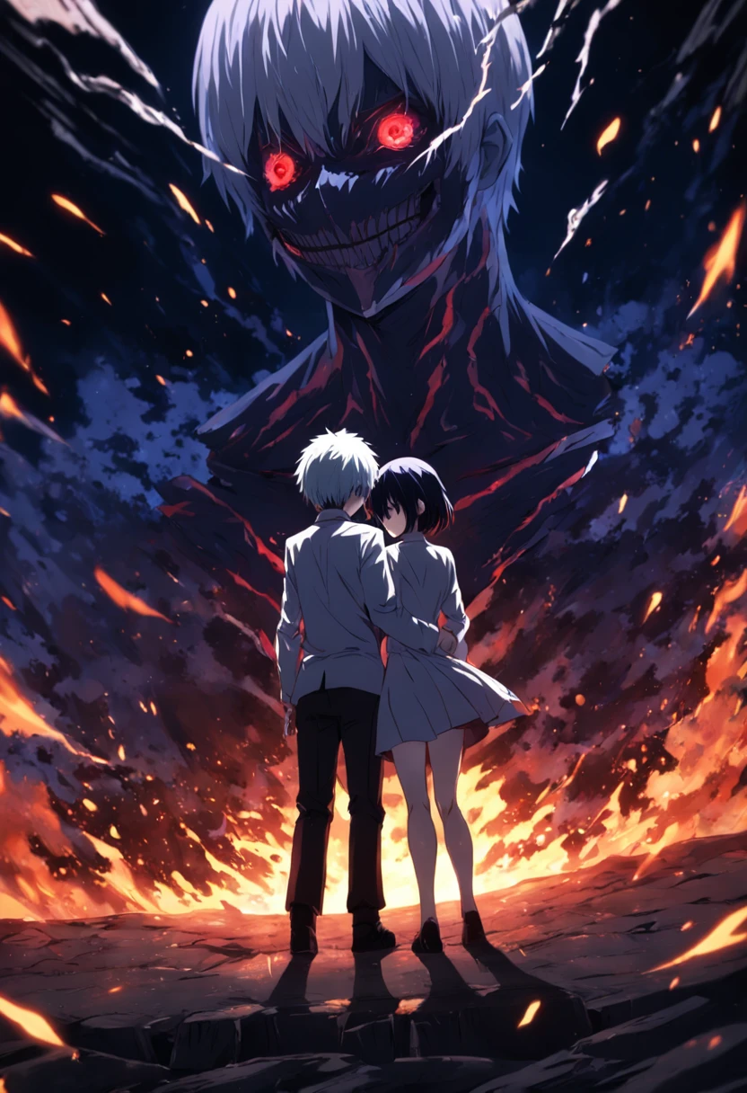 kaneki e touka se casando, caverna, fogueira, poor lighting