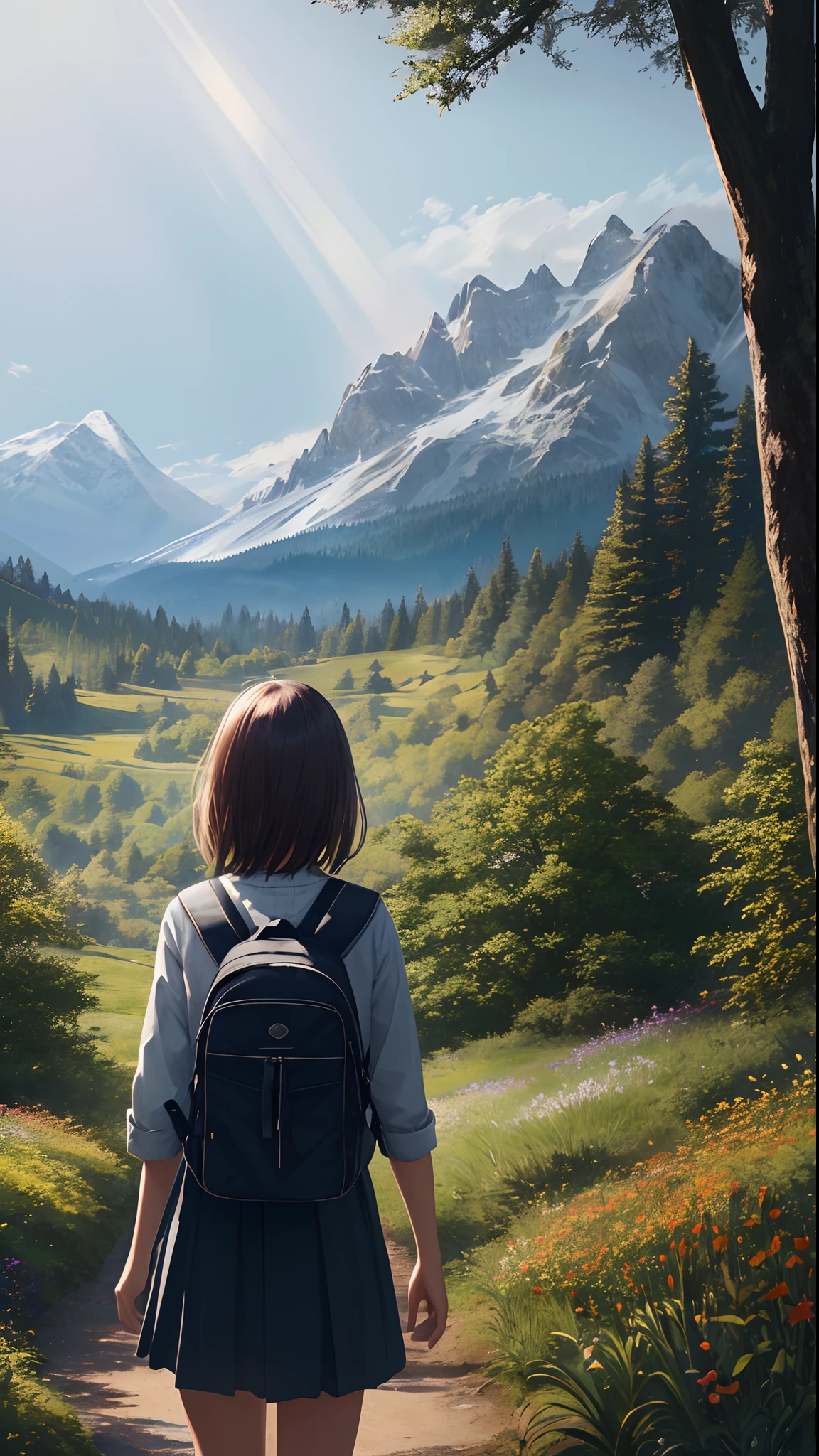 Masterpiece, best quality, 1girl, solo, from behind, backpack, adventurer clothes, day, forest, trees, flowers, bushes, sunlight, mountainous horizon, sky, warm lighting, hyperrealistic, detailed background, depth of field, rimlighting, specular highlights, bloom, atmospheric lighting