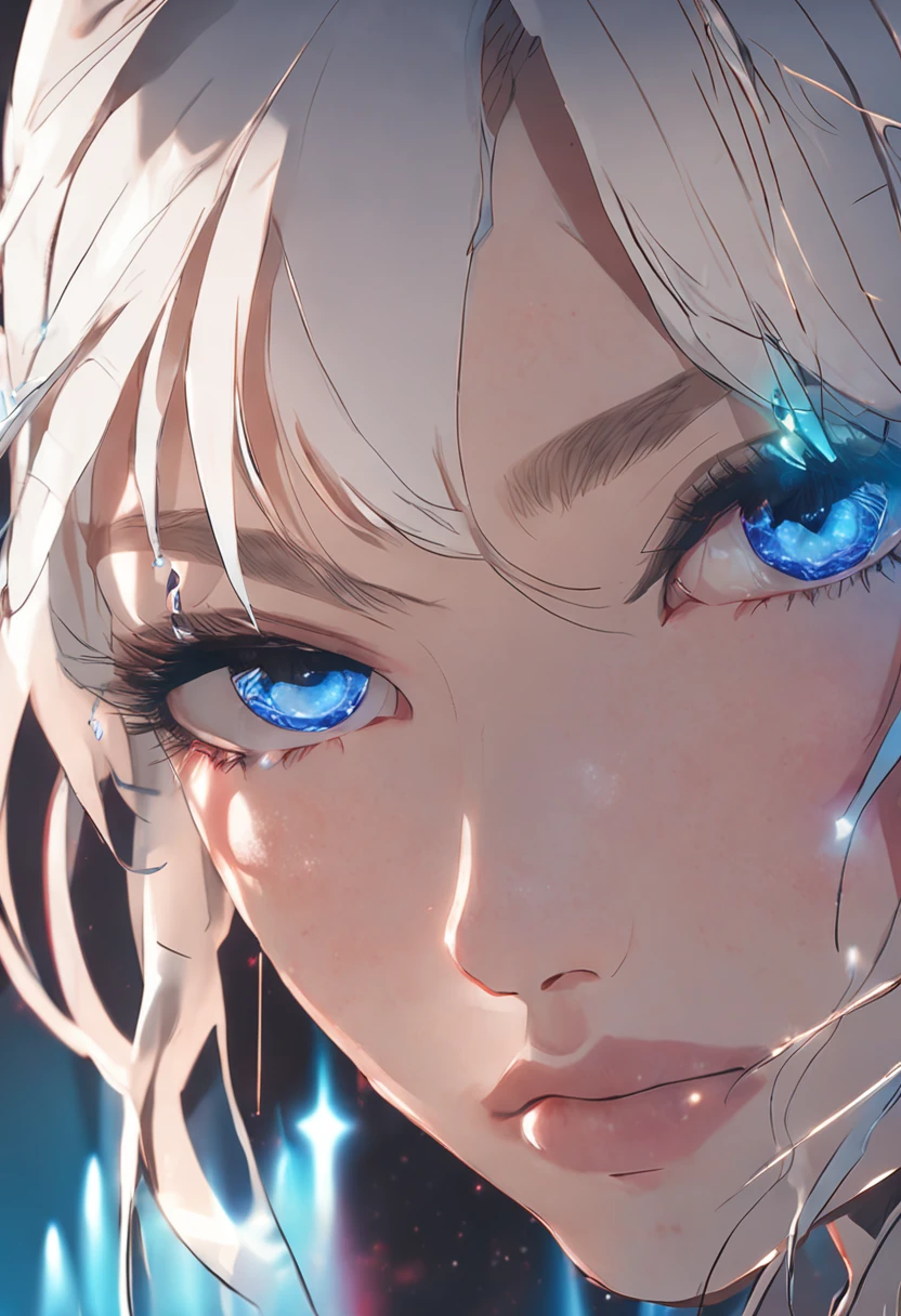 HD realistic girl face details with blue crystal eyes