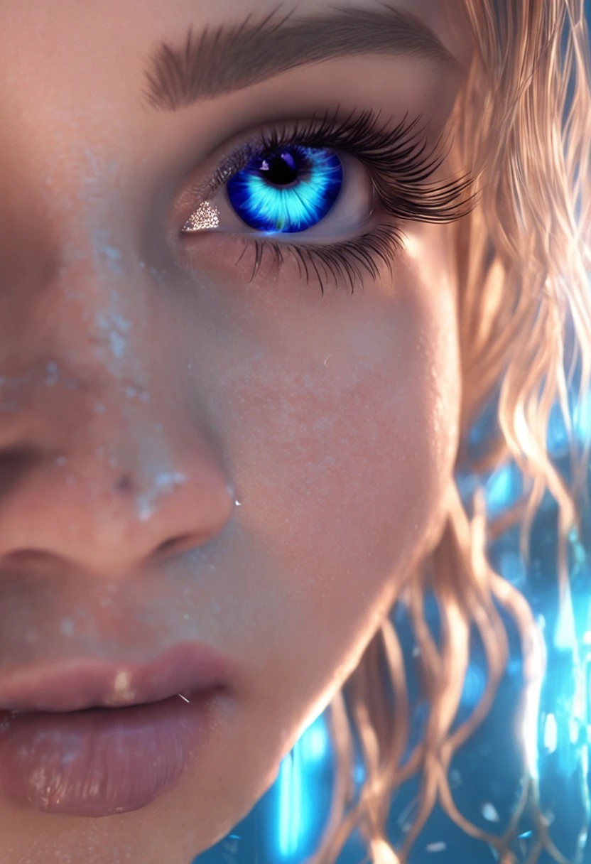 HD realistic girl face details with blue crystal eyes