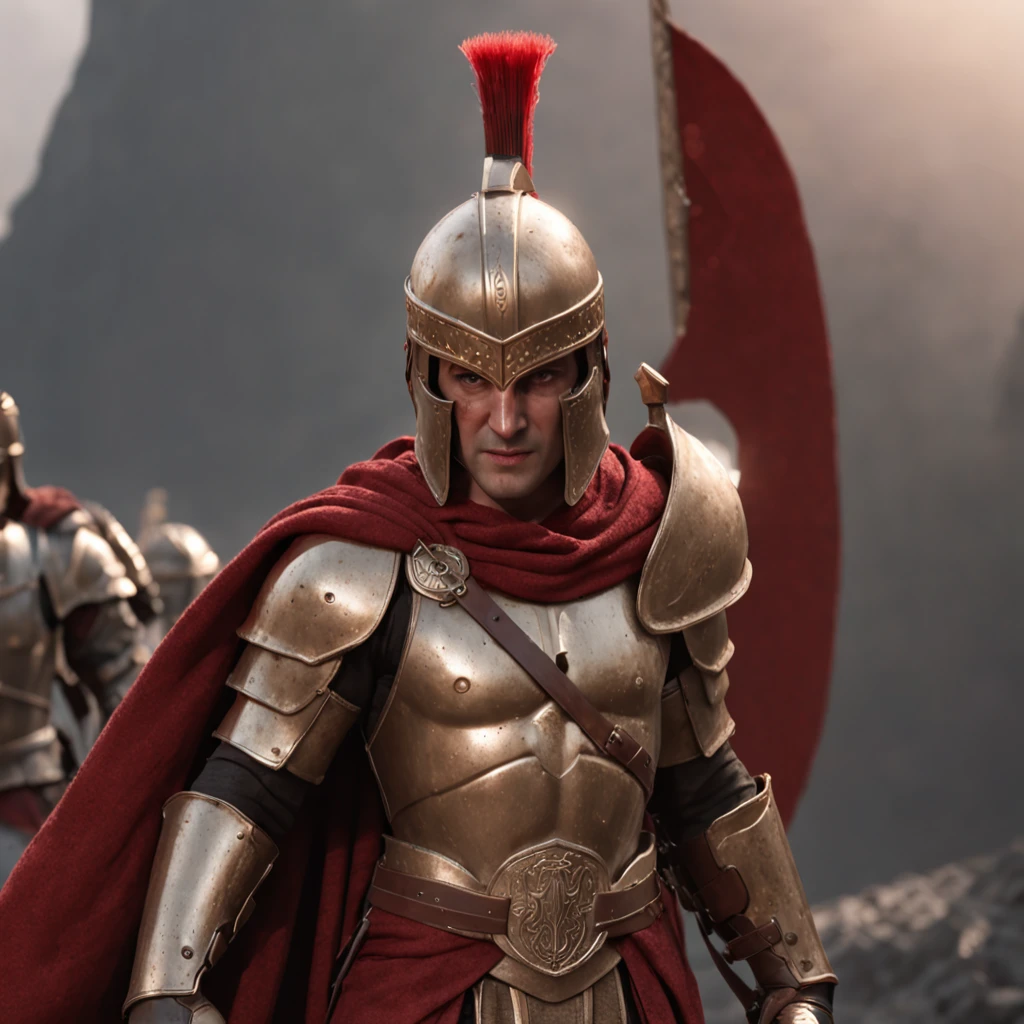 (professional 3d render:1.3) af (Realistic:1.3) most beautiful artwork photo in the world，A Spartan warrior, clad in gleaming bronze armor with a distinctive red cape, stands tall amidst a battlefield. Their face is hidden behind a fierce bronze helmet adorned with a crimson-red plume. In one hand, they grip a sharp spear, and in the other, a sturdy shield emblazoned with the iconic Spartan lambda symbol. With a resolute gaze and a commanding presence, the Spartan exudes fearlessness and unwavering courage in the midst of combat., concept-art, smooth, Sharp focus, illustration, Art germ, (loish:0.23), wlop ilya kuvshinov, and greg rutkowski and alphonse mucha gracias, (Global illumination, Studio light, volumettic light), heavy rain, particles floating, lotr, fantasy, elf, full bodyesbian, ((Dark and ancient city background:1.3)),CGSesociety,art  stations