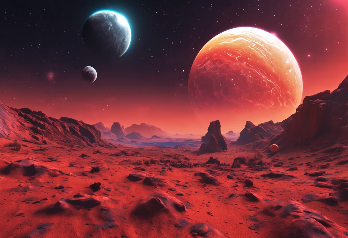 a space art Galactic Landscape, Costa, sky with big red planet , arte conceitual, vetor, alta qualidade, Viewing great detail, Motor irreal, octane rendering, Ultra alta qualidade, ultra high-resolution, surreal, Cor Correta, Good Lighting Settings, good composition, bordas afiadas, harmonious composition, ultra precise, master part, Trabalho premiado, plantas definidas, perfect composition, planeta circular bem definido, carro futurista em frente a paisagem