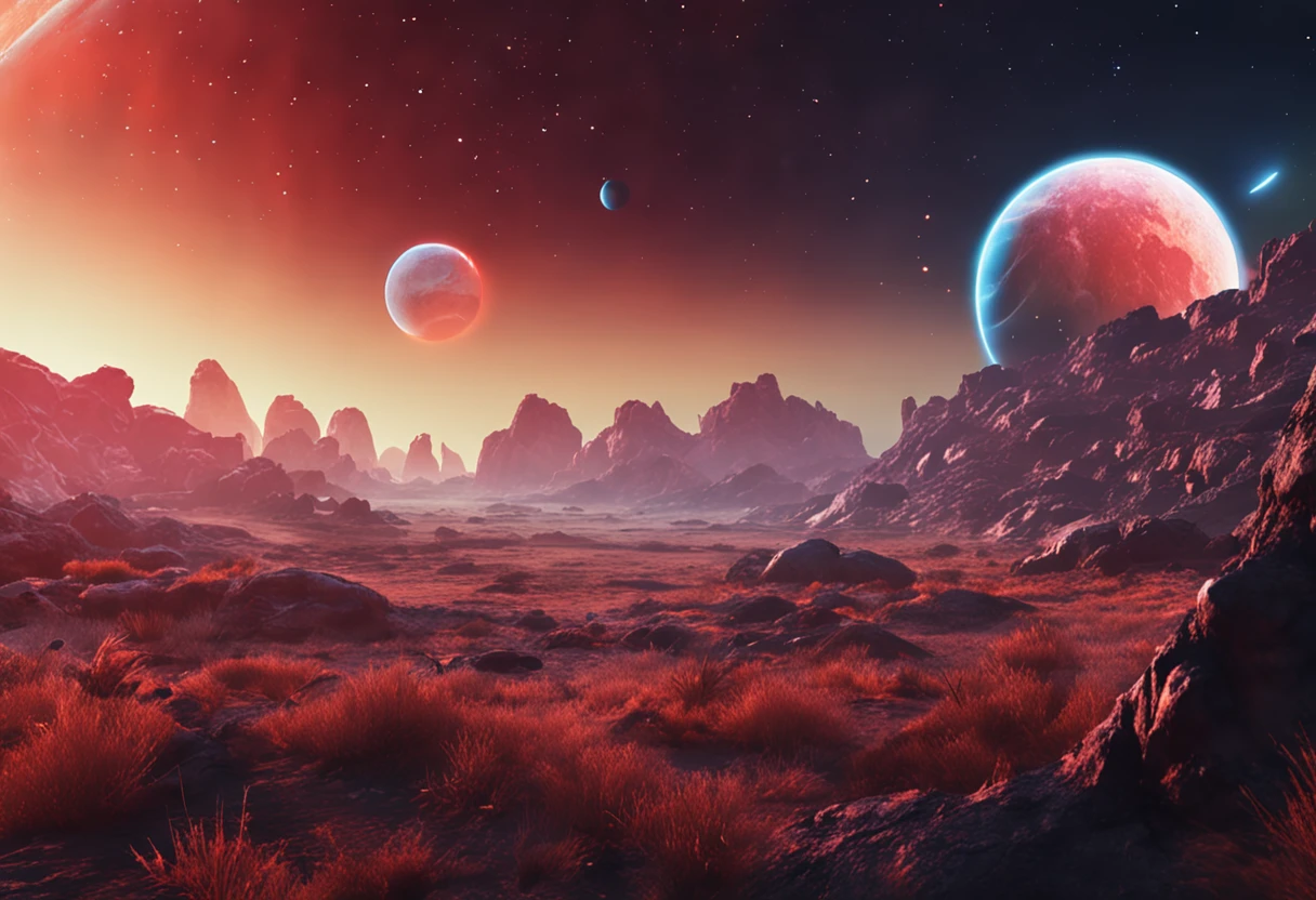 a space art Galactic Landscape, Costa, sky with big red planet , arte conceitual, vetor, alta qualidade, Viewing great detail, Motor irreal, octane rendering, Ultra alta qualidade, ultra high-resolution, surreal, Cor Correta, Good Lighting Settings, good composition, bordas afiadas, harmonious composition, ultra precise, master part, Trabalho premiado, plantas definidas, perfect composition, planeta circular bem definido, carro futurista em frente a paisagem