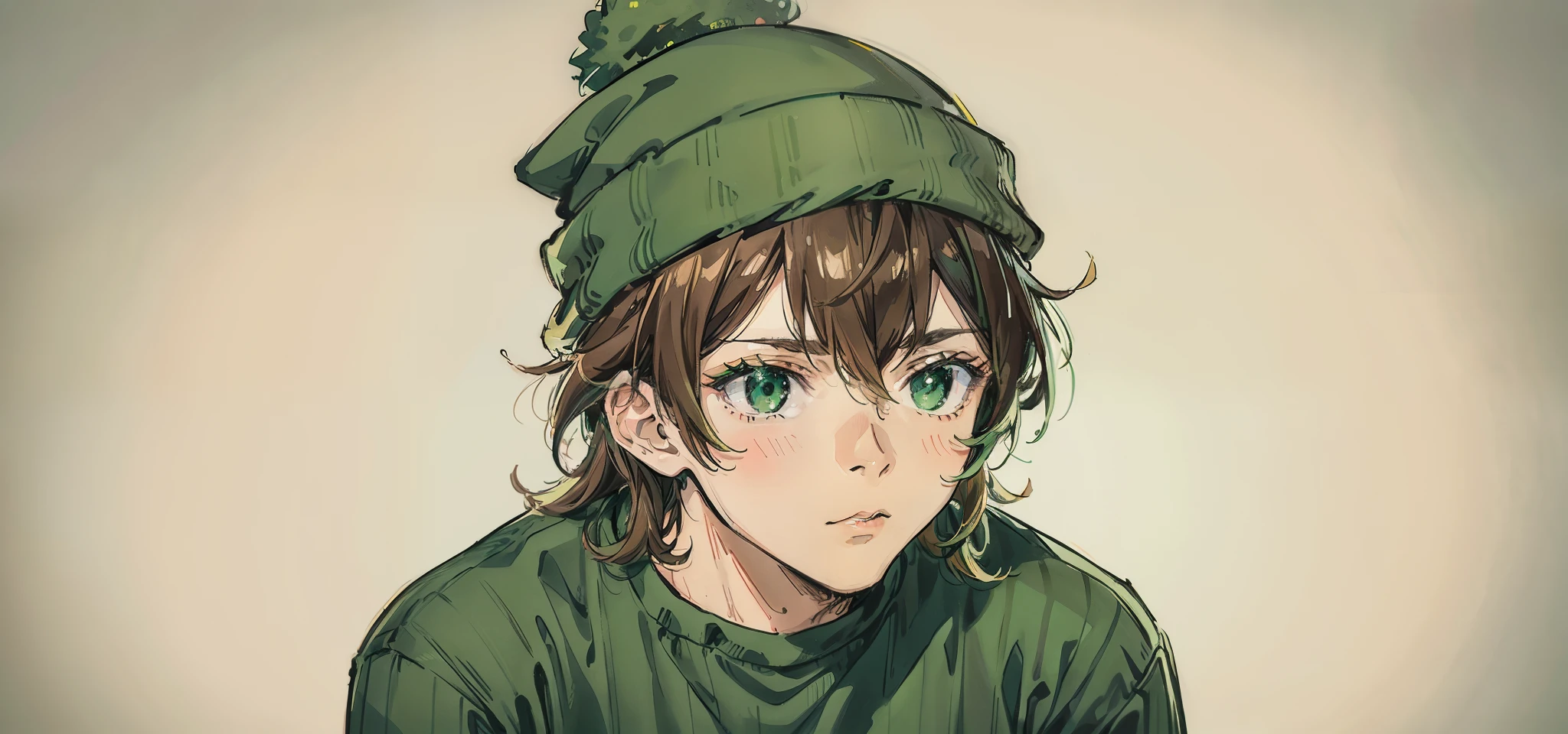 1man, brown messy hair, green beanie, green striped shirt