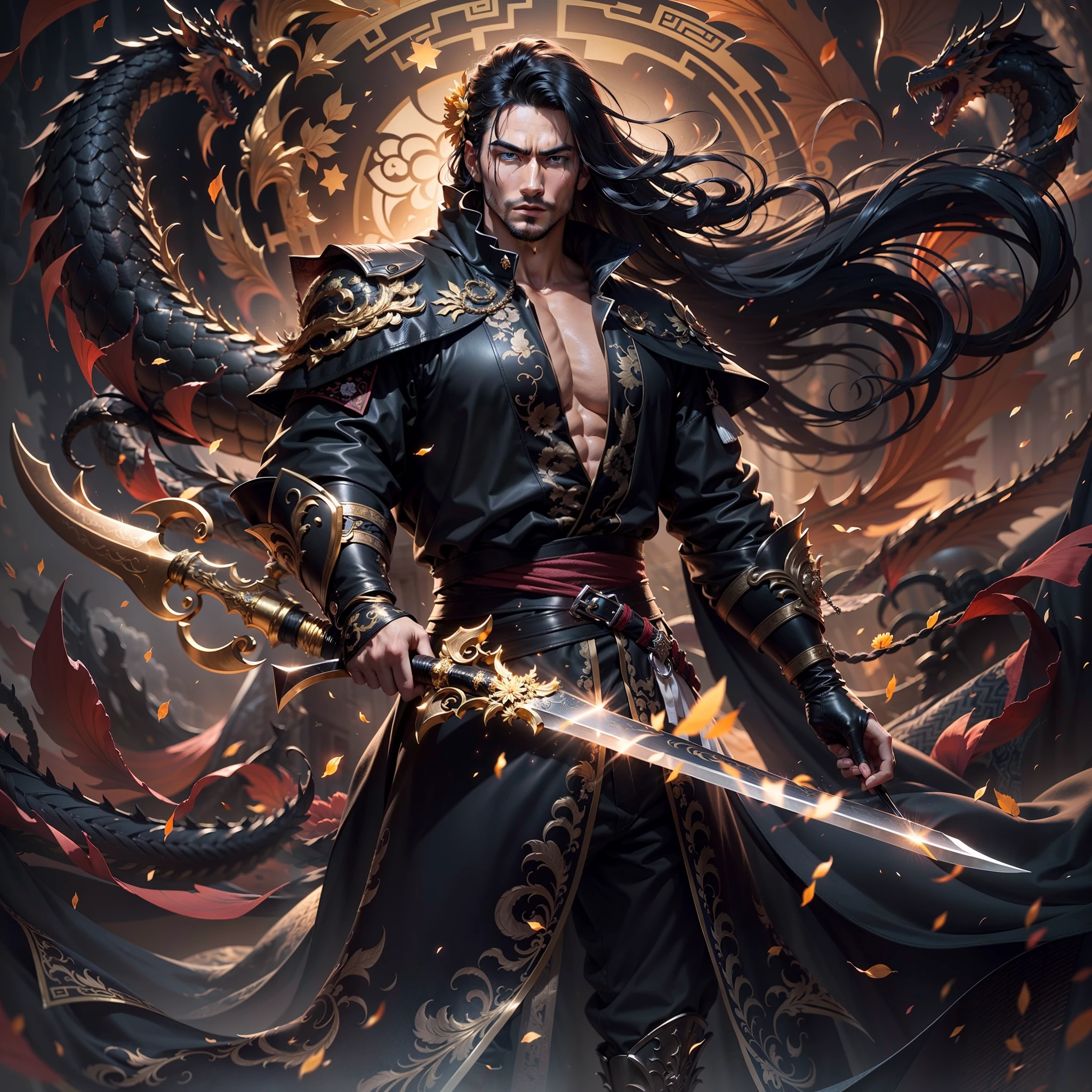 grown up, Mature man 35 years old.
European facial features. volitional, Companies in China. Dark Big, Oriental eyes.
Black long hair gathered in a Chinese ponytail.
ah high, muscular.
Dressed in a black leather cloak, with metal shoulder pads. In his right hand he holds a sword, the left one is raised above the head and a chrysanthemum flower sparkles in it, What scatters star rays.
fantasy world. Blend of black gold, Gold Pattern, Dragon Pattern Road, prince, palace. Lightning effect.