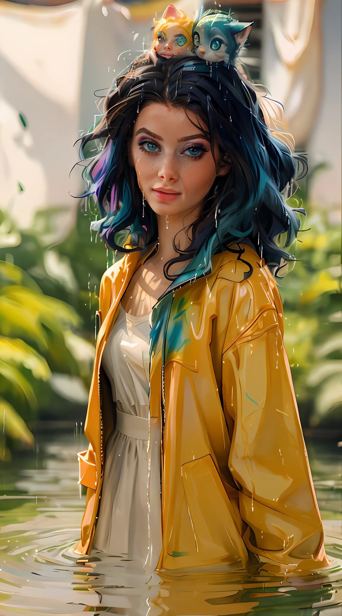 a woman with colorful hair standing in a stream of water, the curls are smeared with paint of different colors rainbow, a cute and beautiful young woman, hyper real photo, she is wearing a wet coat, beautiful young catgirl, dripping technique, discord pfp, 10 bit colour, neatly coming out of her head, spray, hdr, 8k