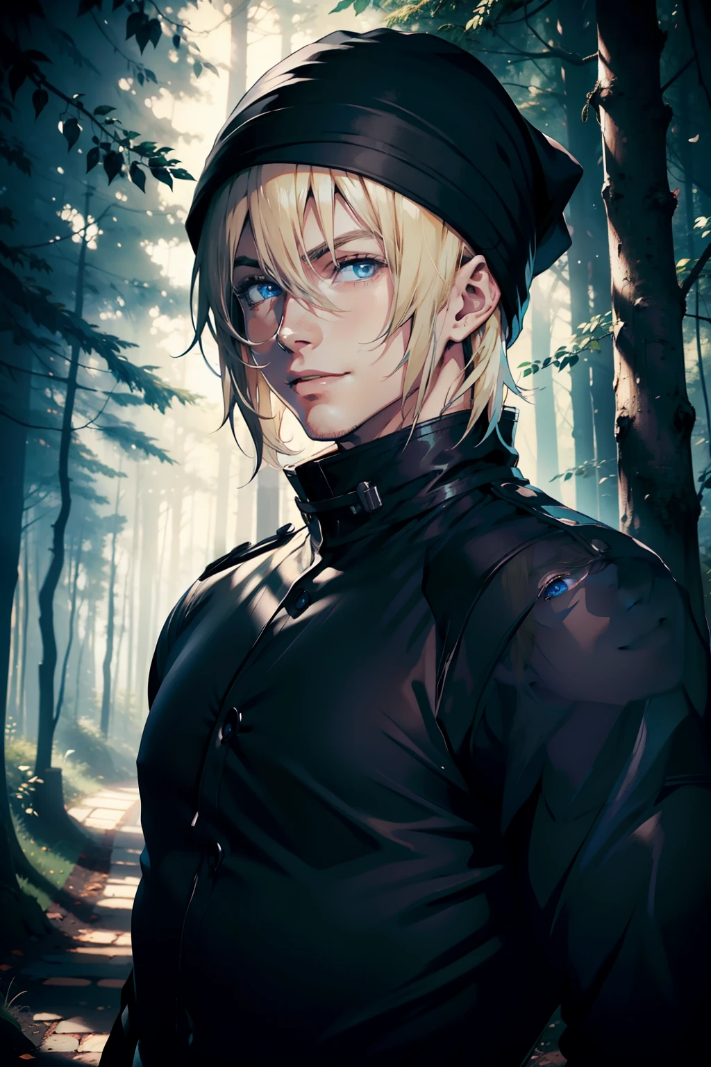 young man, blond hair, blue eyes, smiling, wearing one black shirt, black bonnet, muscular body, in a paisagistic forest, exploring, curious face, 4k