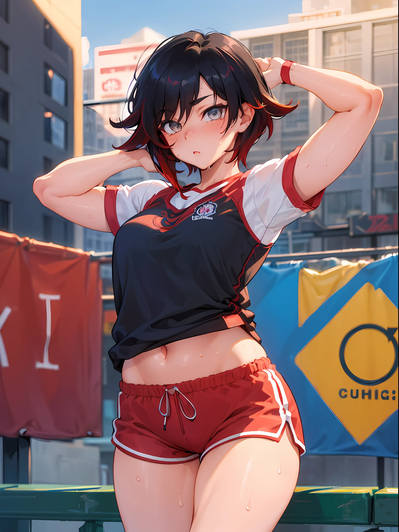 (tmasterpiece, beste-Qualit:1.2), Cowboy shot, 独奏, a 1girl, Ruby Rose, gaze at the viewer, Sporty top, Short sports shorts, Sweat Sports, erotica, wide thighs, blushful, the night, urban landscape, Street