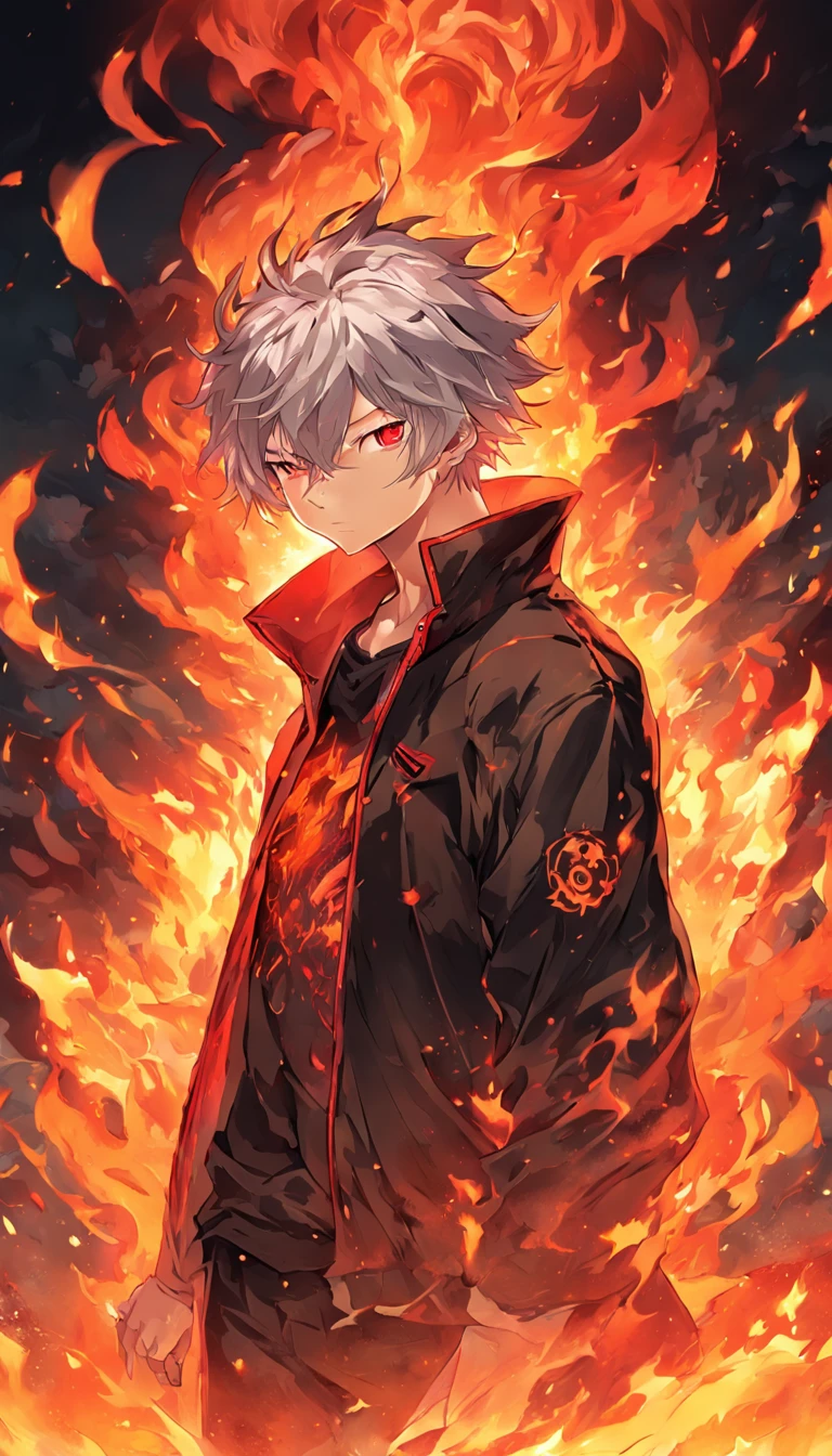 A gray-haired, Man with red eyes，Fire on the head，dressed in a black jacket, Engulfed in turbulent flames, fire behind him, Detailed digital anime art, nagito komaeda, engulfed in flames, holy flame spell, handsome guy in demon killer art, flaming hair, by Yang J, Burning garlands, completely consisting of fire, Hair made of fire