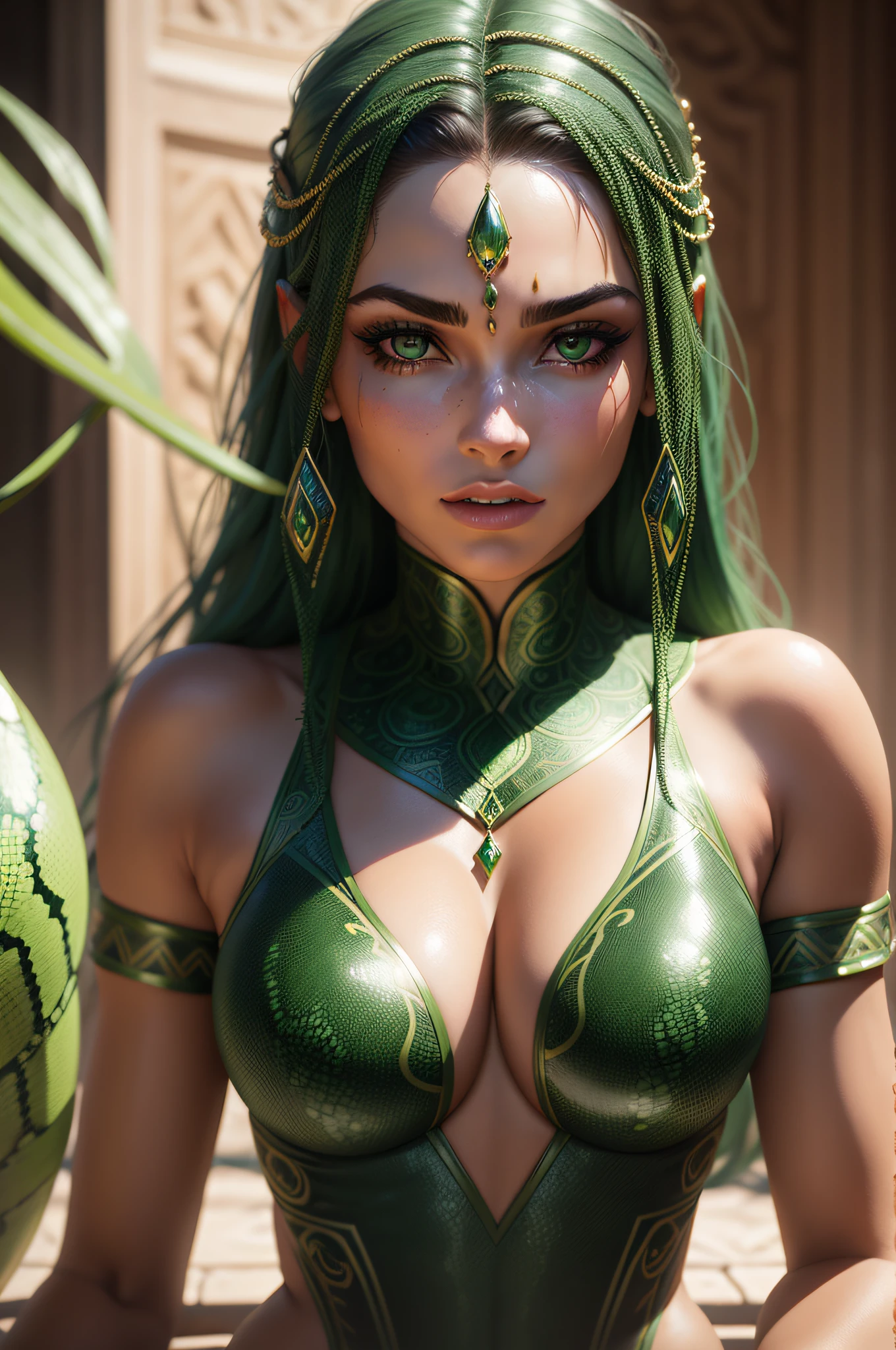 gorgonas femininas, olhos verdes esmeraldas, com cauda de serpentes, pele brilhante , olho hiper realista , lindo rosto perfeito,in the style realistic and hyper-realistic renderings