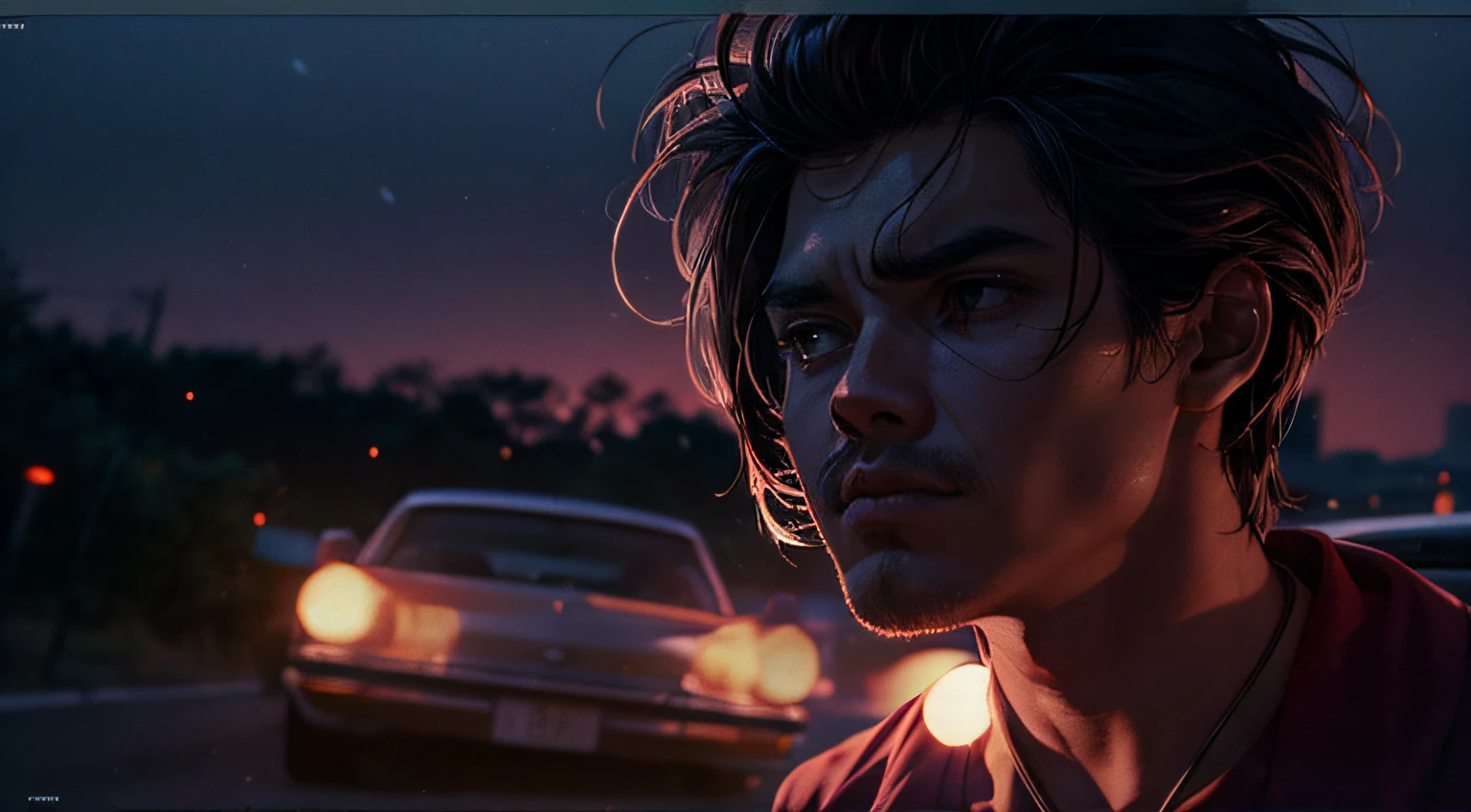 Cinematography, tiro completo de um homem em uma estrada a noite textura de pele realista, de costas para o espectador, thirds rule, Bokeh, mystery, horror, profano, estranho, assustador, Moody Lighting, No estilo de Denis Villeneuve, filme ainda, cinestill 800