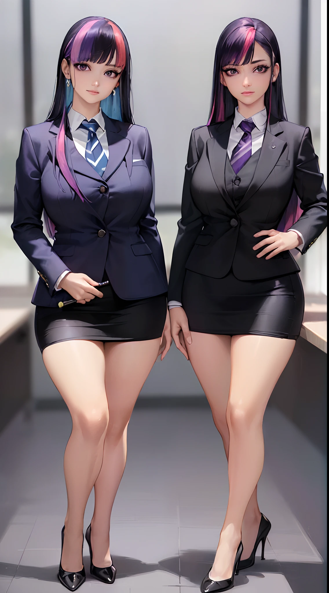 ((best quality)), ((highly detailed, Ultra-detailed Realistic, Insane Detail, 8k Resolution)), masterpiece, (detailed eyes, deep eyes), (2girls, duo, identical twins, clones, doppelganger), cowboy shot, TwilightHuman, (multicolored hair, blunt bangs, (two-tone hair:1.1), purple hair), BREAK, purple eyes, ((office ladies, skirt suit, blazer, long sleeves, pencil skirt, tight skirt, bare legs, black high heels, same color skirt suits, blazers and skirts are same color)), highly detailed faces, highly detailed bodies, mnstfc, skirt, same pose, full body