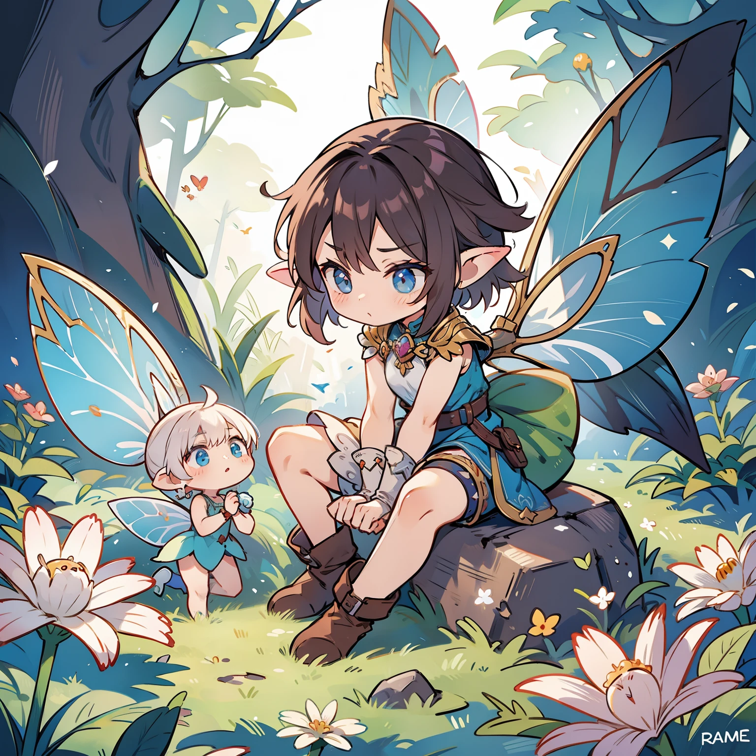 "A small fairy embracing a masculine phallic figure."