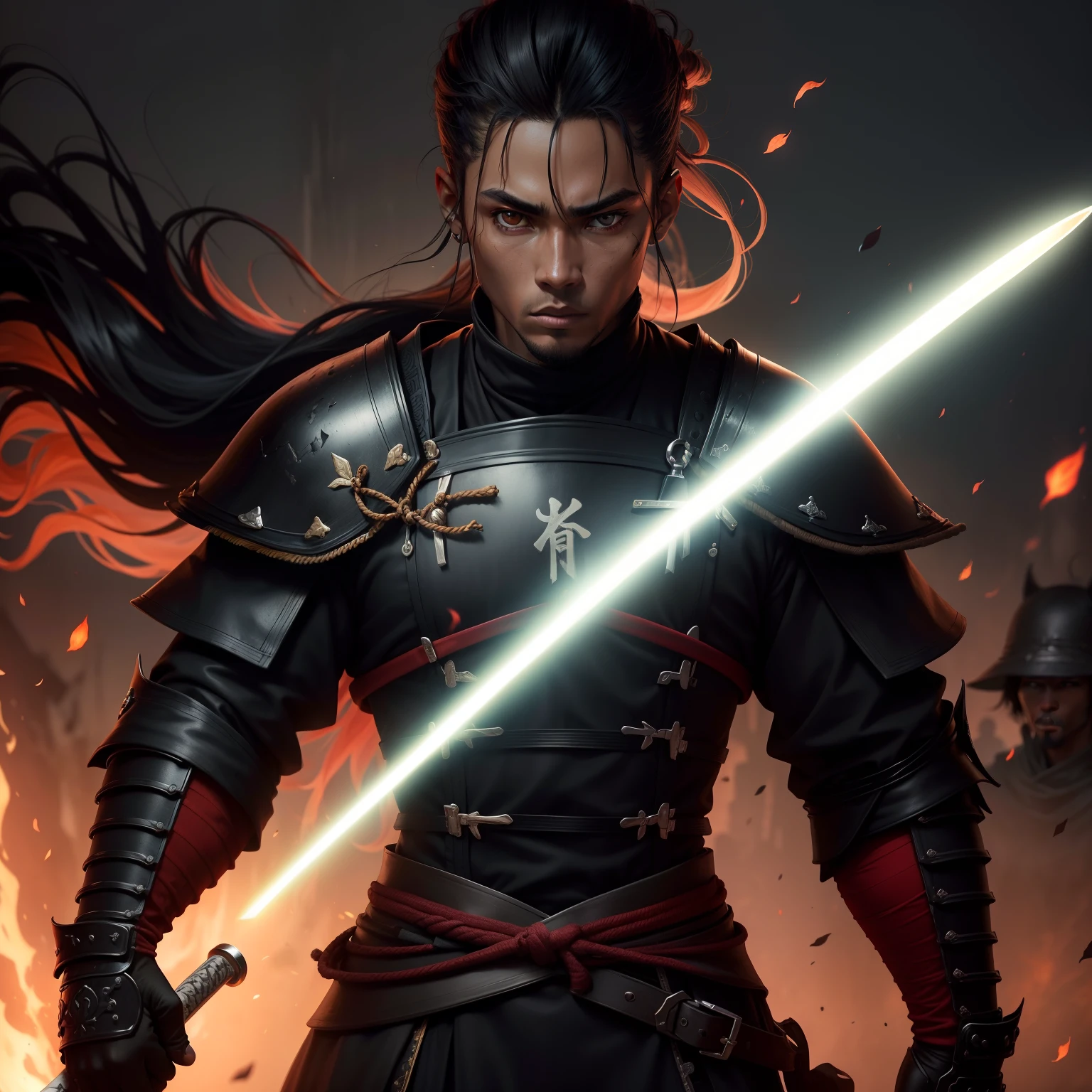 Foto hiperrealistas de un Samurai (negro) jove piel oscura , ojos claros , pelo rojo , rizado, Futuristic clothing dress, en la mano derecha una espada de flamas verdes