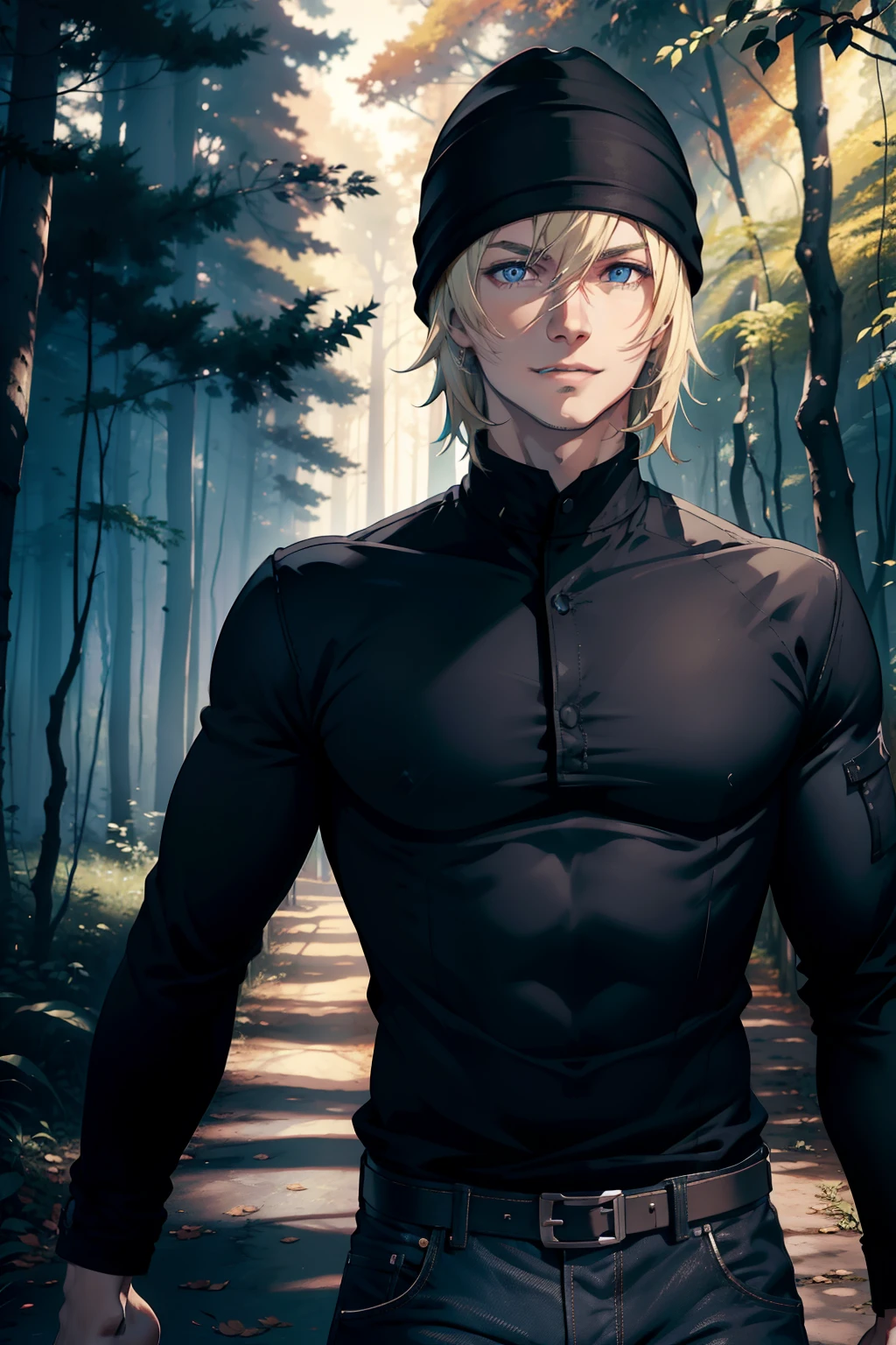 young man, blond hair, blue eyes, smiling, wearing black shirt, black bonnet, jeans pants ,muscular body, in a scenic forest, exploring, curious face, 4k