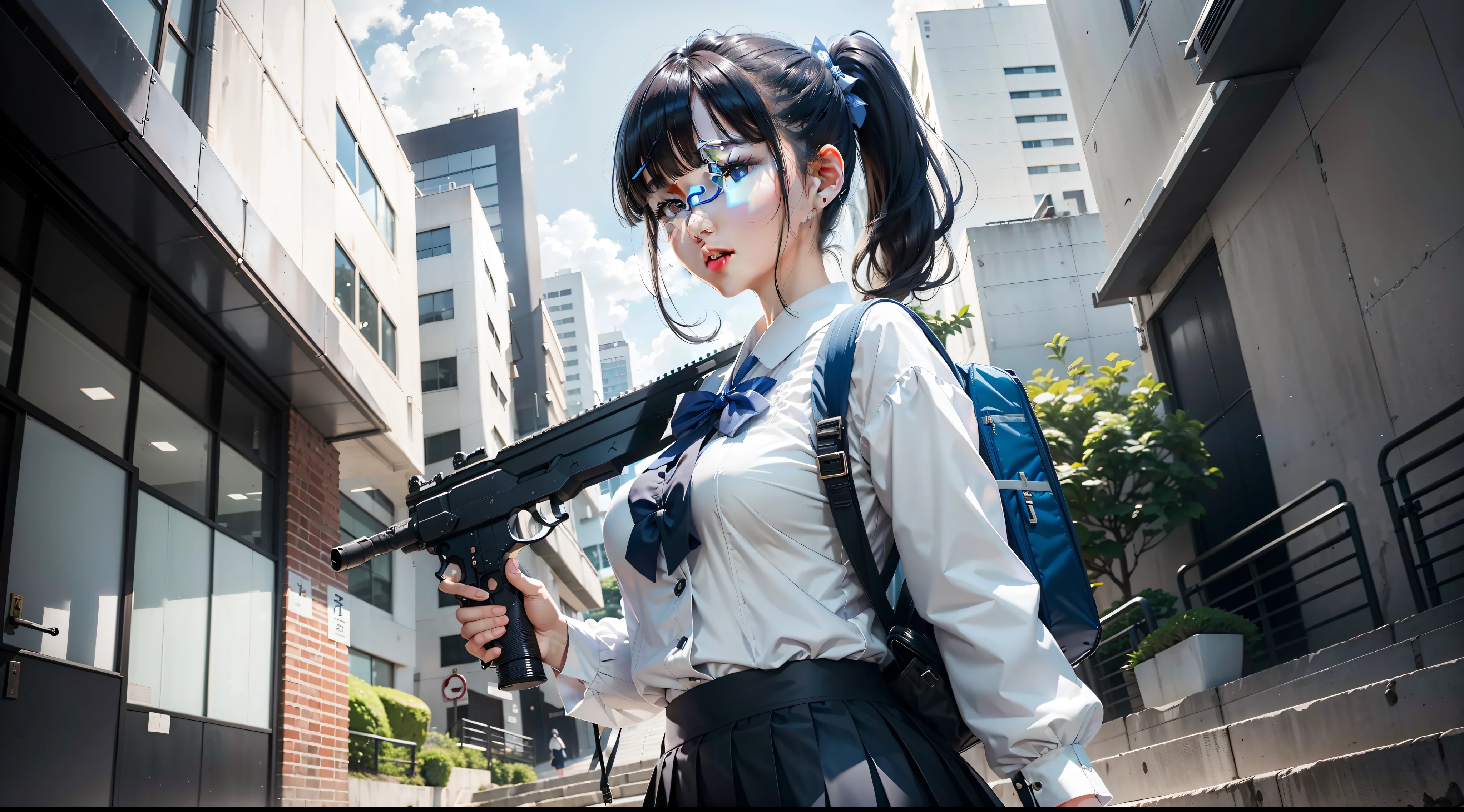 1girll，White color blouse，Blue collared flower，black cloaths，Pleated skirt in blue color，White stockings，Japanese student uniform，Gray backpack，holding assault rifle，Hairstyle single ponytail，Qi bangs，Raise a gun and shoot，combats，Urban battle scenes，Half realistic，tmasterpiece，8k，quadratic element