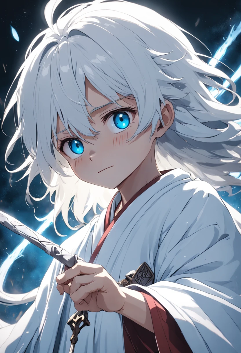 Sick 8--old ,White hair,Light blue eyes,White robe,the witcher,wands,mistic,ssmile