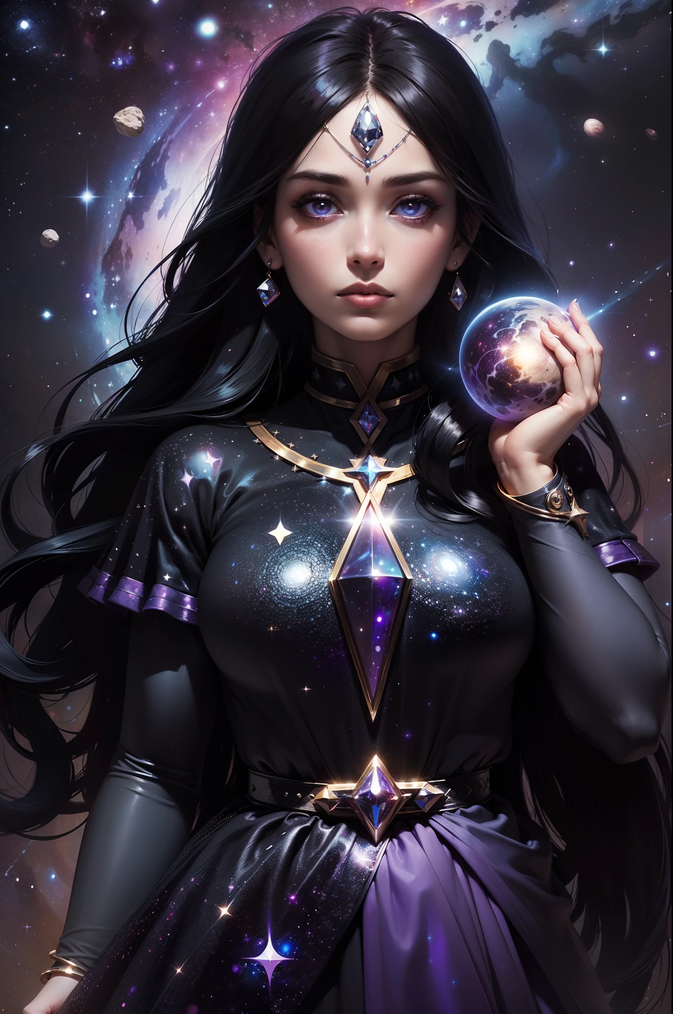 ((Ultra detailed, hyper realistic, high quality)), astral woman, (1woman:1.3), (starry eyes:1.2), (close up shot), (Black hair), Dark, purple, ((holding universe in her hand)), (looking down at the universe in her hand)