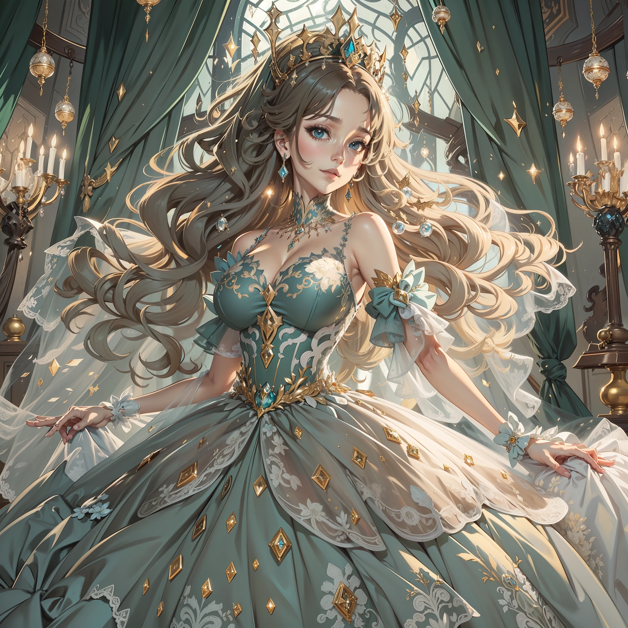 ((Anime Art Style)),(masutepiece),(Best Quality), (Super Detail),((Very delicate and beautiful)),Focus on character,Dynamic Angle,Looking at Viewer,((Solo)),Standing,(((Full body))),((one evil and cute princess in gorgeous ball gown with voluminous skirt)),Detailed face and eyes,(nefarious smirk),Eyes Like Gems,((Very Long voluminous Hair)),gorgeous embroidery and lace,See-through,ornate ruffles,Gorgeous jewelry ornaments,luxury hair ornament,luxury and evil tiara with jewels,(huge-breasted,Long breasts),Full body,((evil and dark atmosphere)),Full body,(((gorgeous ballgown with voluminous skirt)))