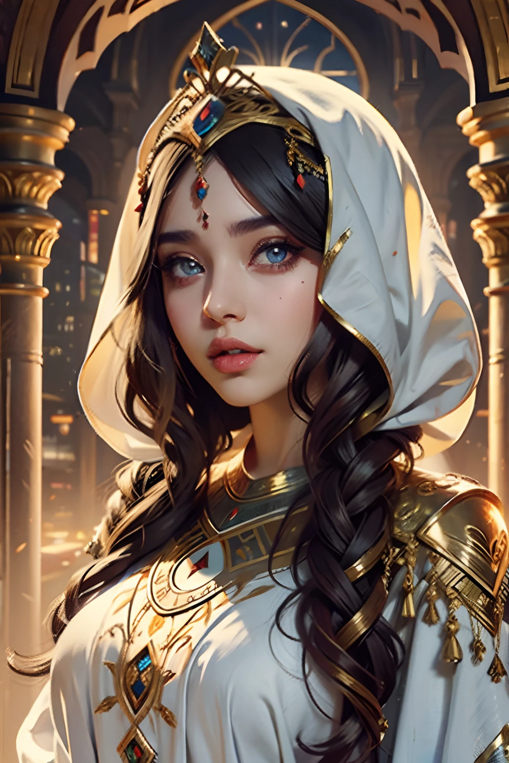 Islamic Beautiful princesse glowing eyes face portrait caftan islamic hyper realistic super detailed