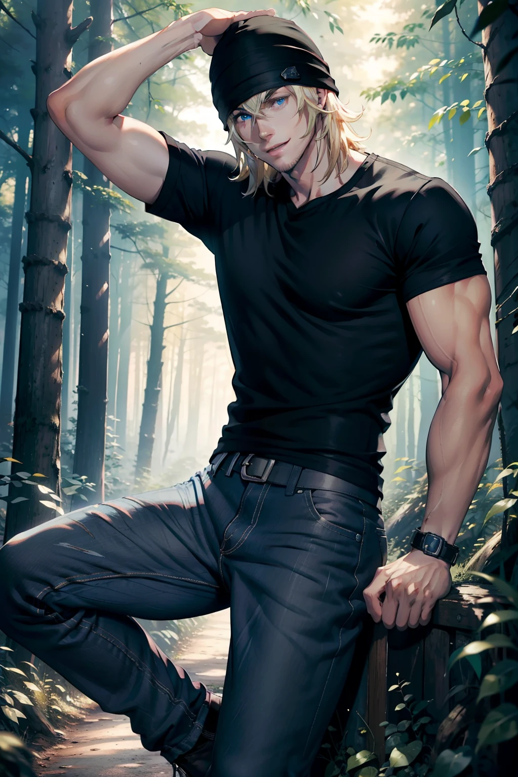 young man, blond hair, blue eyes, smiling, wearing black T-shirt, black bonnet, jeans pants ,muscular body, in a scenic forest, exploring, curious face, 4k