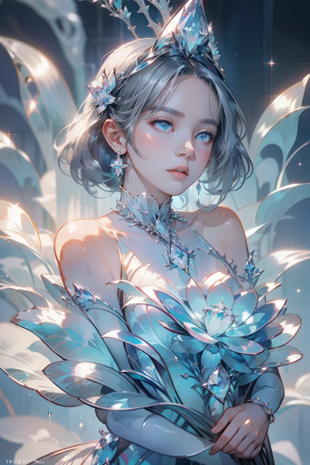 The hair is covered with beautiful and delicate floral craftsmanship, Crystal jewelry filigree,jewelry,Ultra-detailed details,Beautiful aristocratic girl,Gray hair is elegantly coiled,(((Silvertone))),golden colored。Blue and purple clear eyes,crystal,Illusion