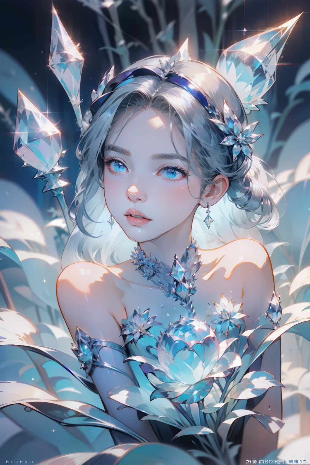 The hair is covered with beautiful and delicate floral craftsmanship, Crystal jewelry filigree，jewelry，Ultra-detailed details，Beautiful aristocratic girl，Gray hair is elegantly coiled，(((Silvertone)))，(golden colored)。Blue and purple clear eyes，crystal