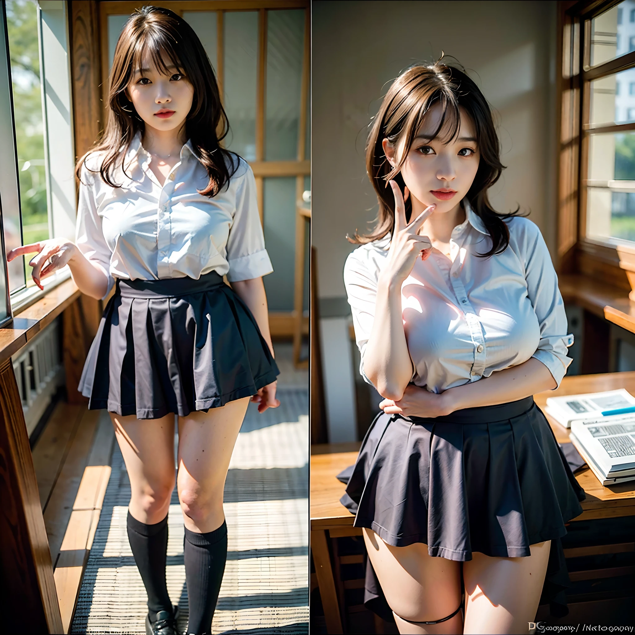 1girl in, Solo, Underwear, Panties, Standing, pantypull, Undressing, clothes pull,Female School Uniform, (​masterpiece:1.4、top-quality))、(photographrealistic:1.4)、profetional lighting、physically-based renderingt、Very cute、extremely detailed eye and face、Eyes in Beautiful Details、(beautiful japanese female:1.05), (NSFW:1.5), ((Best Quality, 8K, masutepiece: 1.3)), Photorealistic, Sharp Focus, High quality, High Definition, Portrait, Solo, Japan, beautiful mature lady, Middle Aged Woman, 
 Sandwich 1.5 ,Beauty, (Naked:1.5), 40 years old, Plump, Wavy Hair, , wrinkles, slightly droopy:1.2,Full body , Cowboy Shot,Natural light:1.0