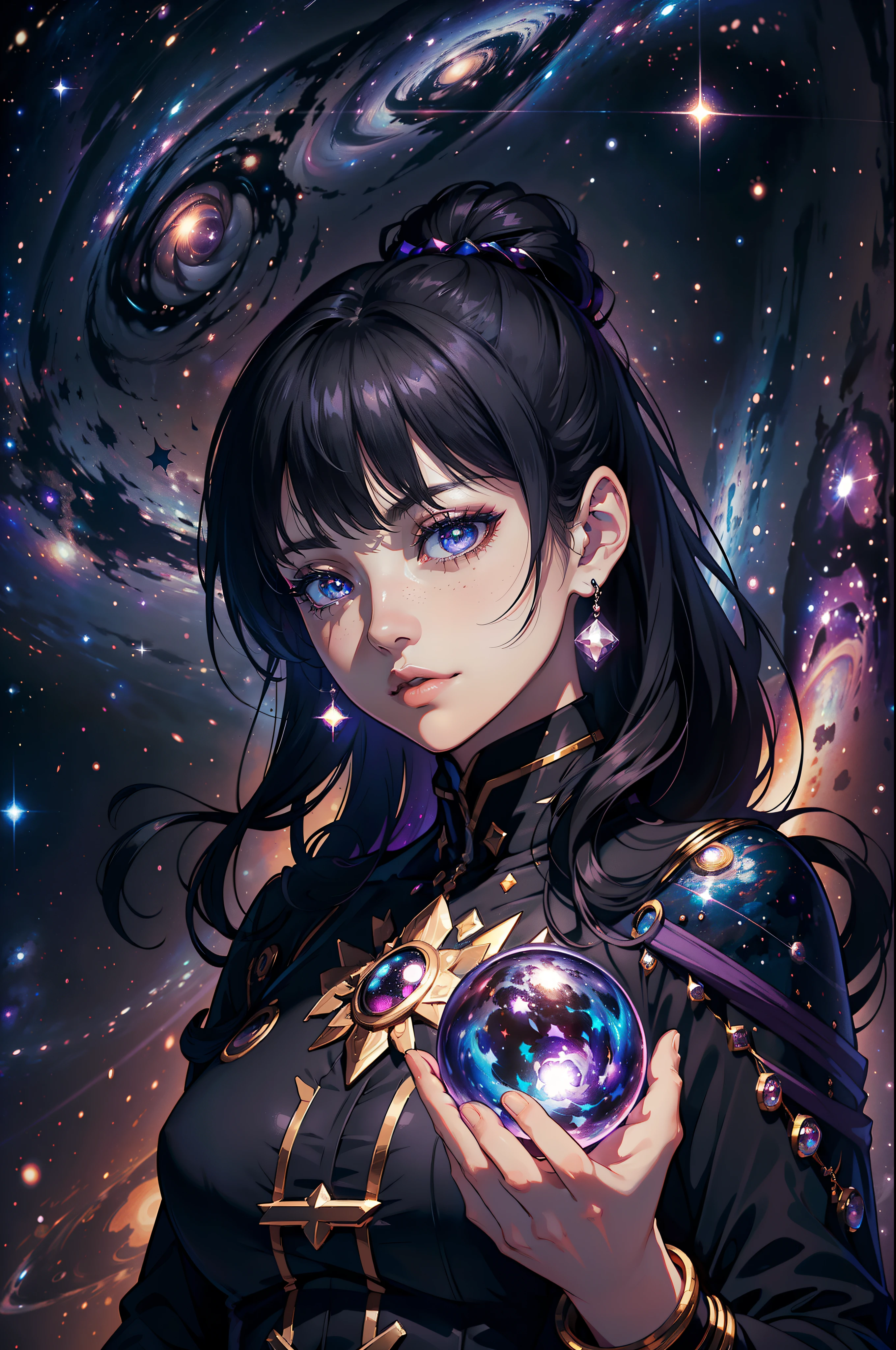 ((Ultra detailed, hyper realistic, high quality)), astral woman, (1woman:1.3), (starry eyes:1.2), (close up shot), (Black hair), Dark, purple, ((holding universe in her hand)), (looking down at the universe in her hand)