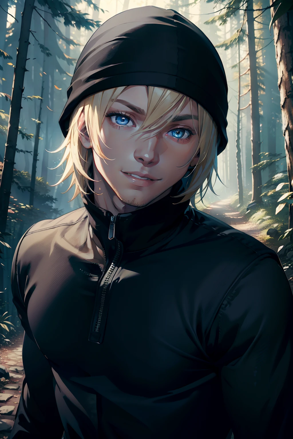 young man, blond hair, blue eyes, smiling, wearing black sweatshirt, black bonnet, jeans pants ,muscular body, in a scenic forest, exploring, curious face, 4k