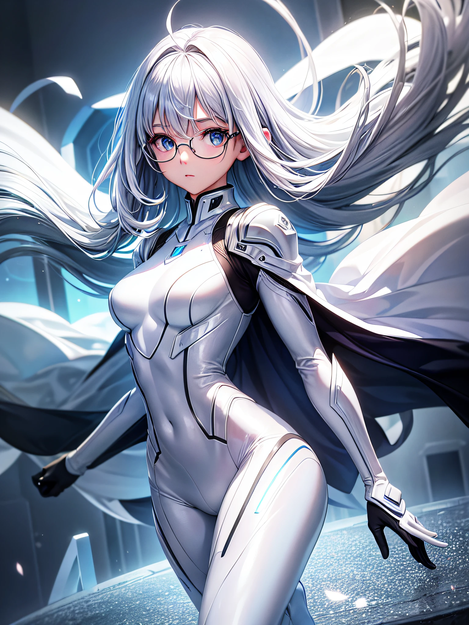 8K UHD、Silver-haired and small-nosed beauty in shiny silver full-body rider suit with glasses standing with legs open facing the front、Wearing a silver metallic rider suit、Upper Body Up