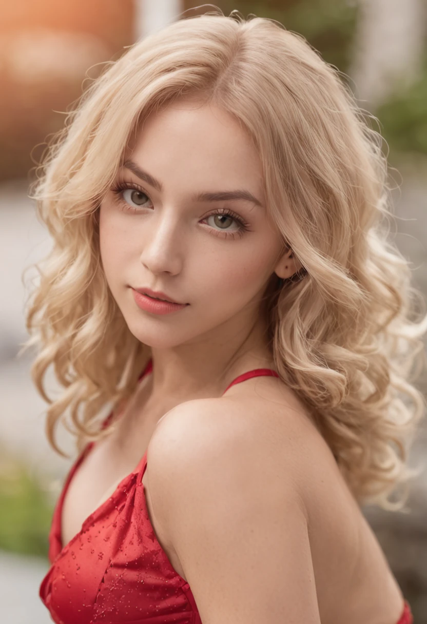 Sexy woman, 20 years old, Slim, sport, shiny tanned skin, gigantic cleavage breasts, Narrow waist, curly blond hair, Red Lingeri, Realistic, Photography, リアル, Natural. pool-side