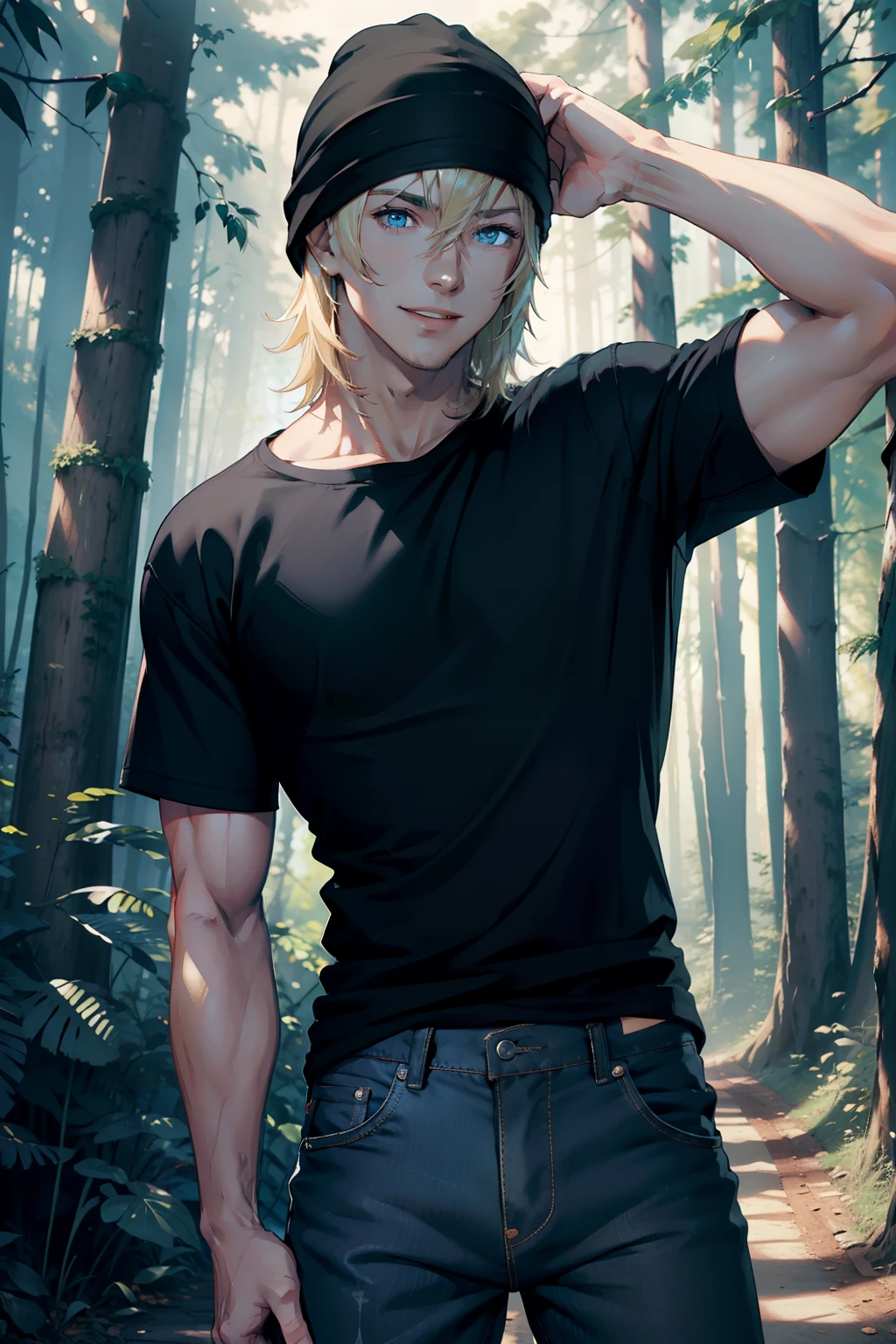 young man, blond hair, blue eyes, smiling, wearing black T-shirt, black bonnet, jeans pants ,muscular body, in a scenic forest, exploring, curious face, 4k