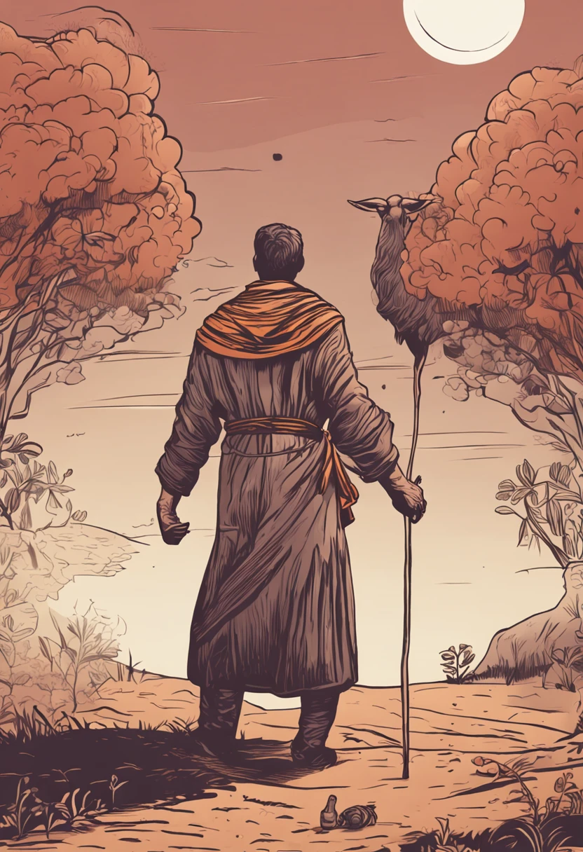 Davi, um jovem pastor de ovelhas de 1050 a.c , pastoreando suas ovelhas em um campo. Ele se destaca como um personagem confiante e corajoso