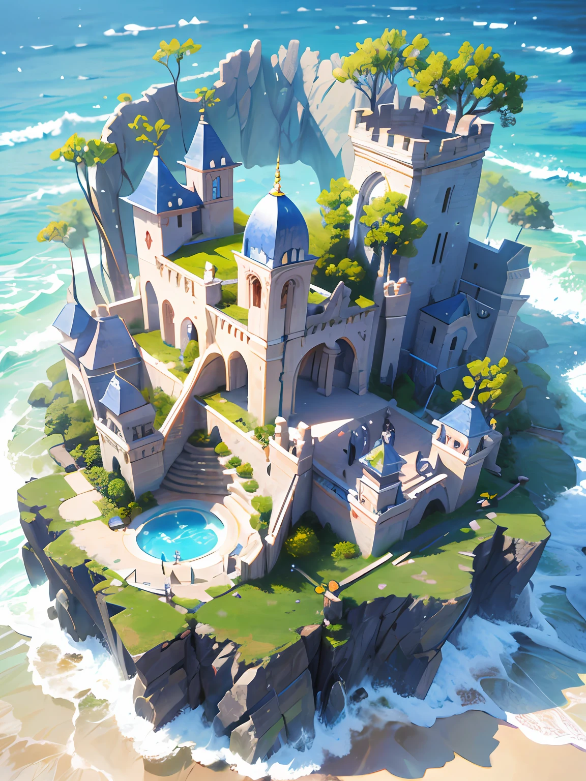 cartoon style, top-down view, scene illustration, nature, ancient magical architecture, castle, main fort, fortress, polygon, game architecture design, super detail, summer, ocean waves, swimming ring, shells, flowers, tropical fruits, trees, casual game style, creative, 3d, masterpiece, best quality, cartoon rendering, 8K