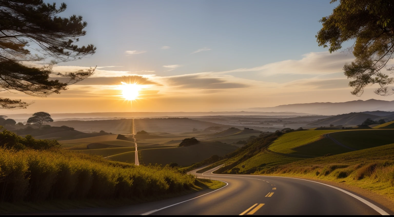 Uma imagem que mostra um nascer do sol suave e radiante sobre um horizonte distante. The soft sunlight is starting to illuminate the landscape, bringing a sense of renewal and hope. No primeiro plano da imagem, You can represent a winding road that stretches towards the horizon.