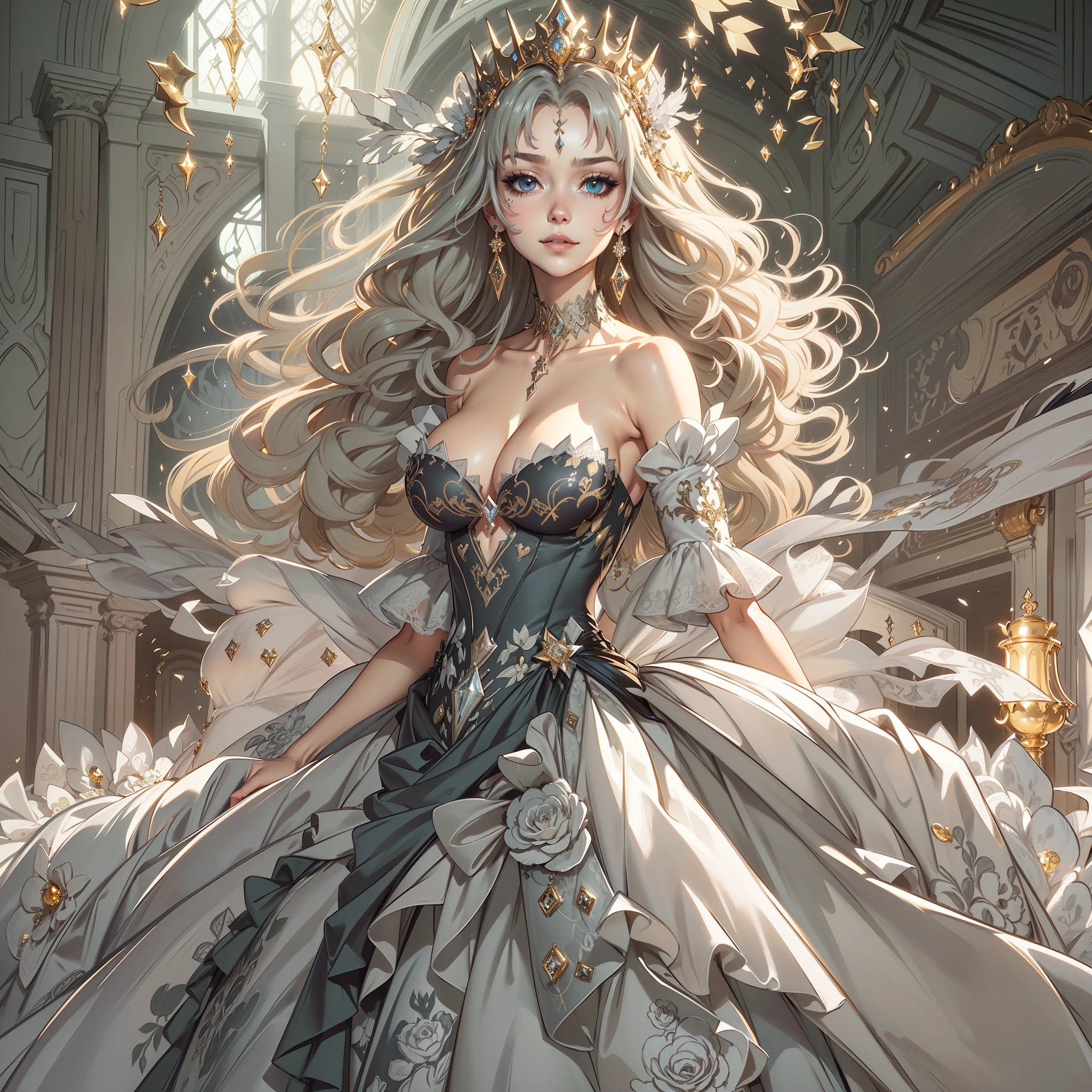 ((Anime Art Style)),(masutepiece),(Best Quality), (Super Detail),((Very delicate and beautiful)),Focus on character,Dynamic Angle,Looking at Viewer,((Solo)),Standing,(((Full body))),((one evil and cute princess in gorgeous ball gown with voluminous skirt)),Detailed face and eyes,(nefarious smirk),Eyes Like Gems,((Very Long voluminous Hair)),gorgeous embroidery and lace,See-through,ornate ruffles,Gorgeous jewelry ornaments,luxury hair ornament,luxury and evil tiara with jewels,(huge-breasted,Long breasts),Full body,((evil and dark atmosphere)),Full body,(((gorgeous ballgown with voluminous skirt)))