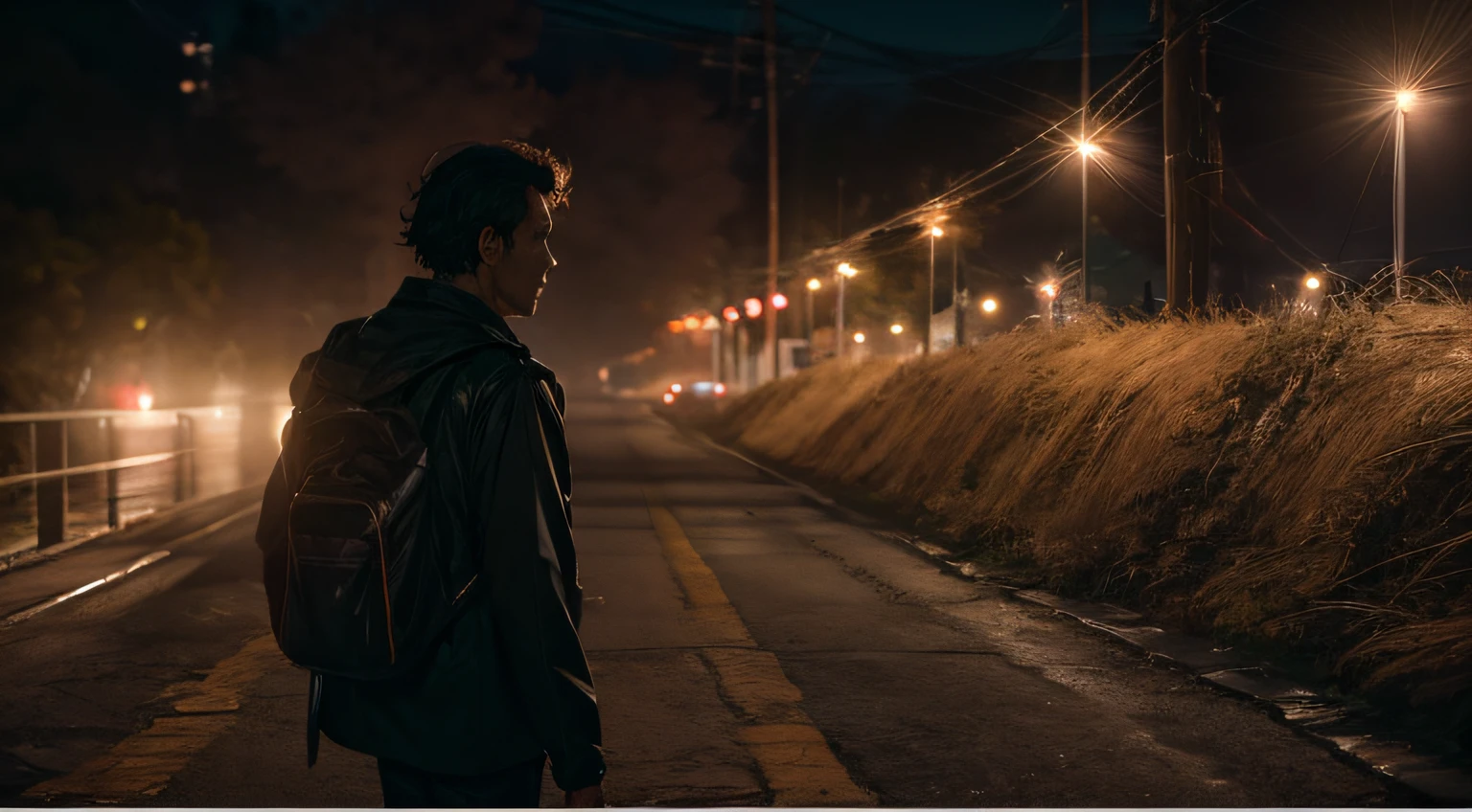 Cinematography, tiro completo de um homem em uma estrada a noite textura de pele realista, de costas para o espectador, thirds rule, Bokeh, mystery, horror, profano, estranho, assustador, Moody Lighting, No estilo de Denis Villeneuve, filme ainda, cinestill 800