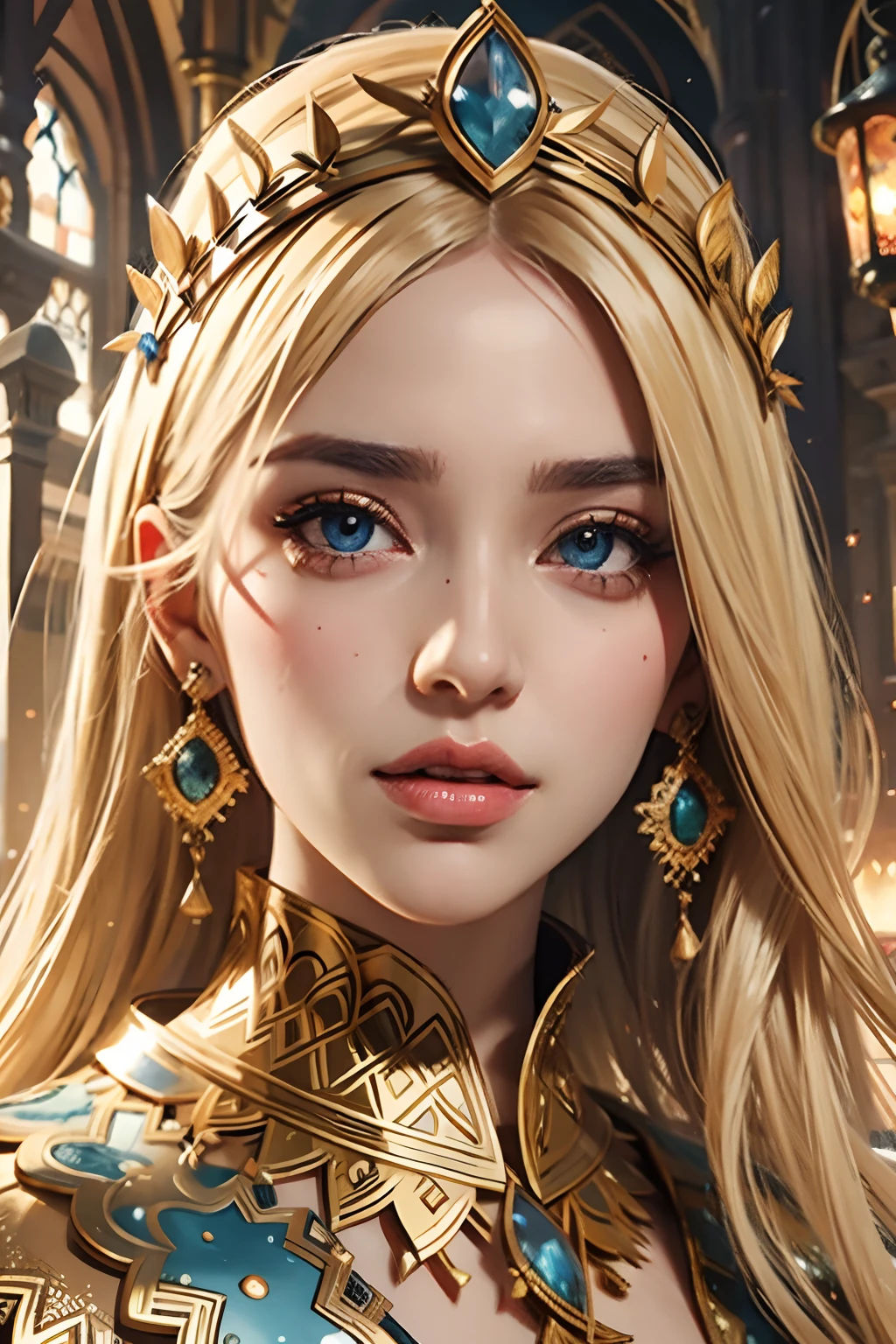 Islamic Beautiful European blonde princess sexy face eyes bright crystal face portrait caftan islamic hyper realistic super detailed