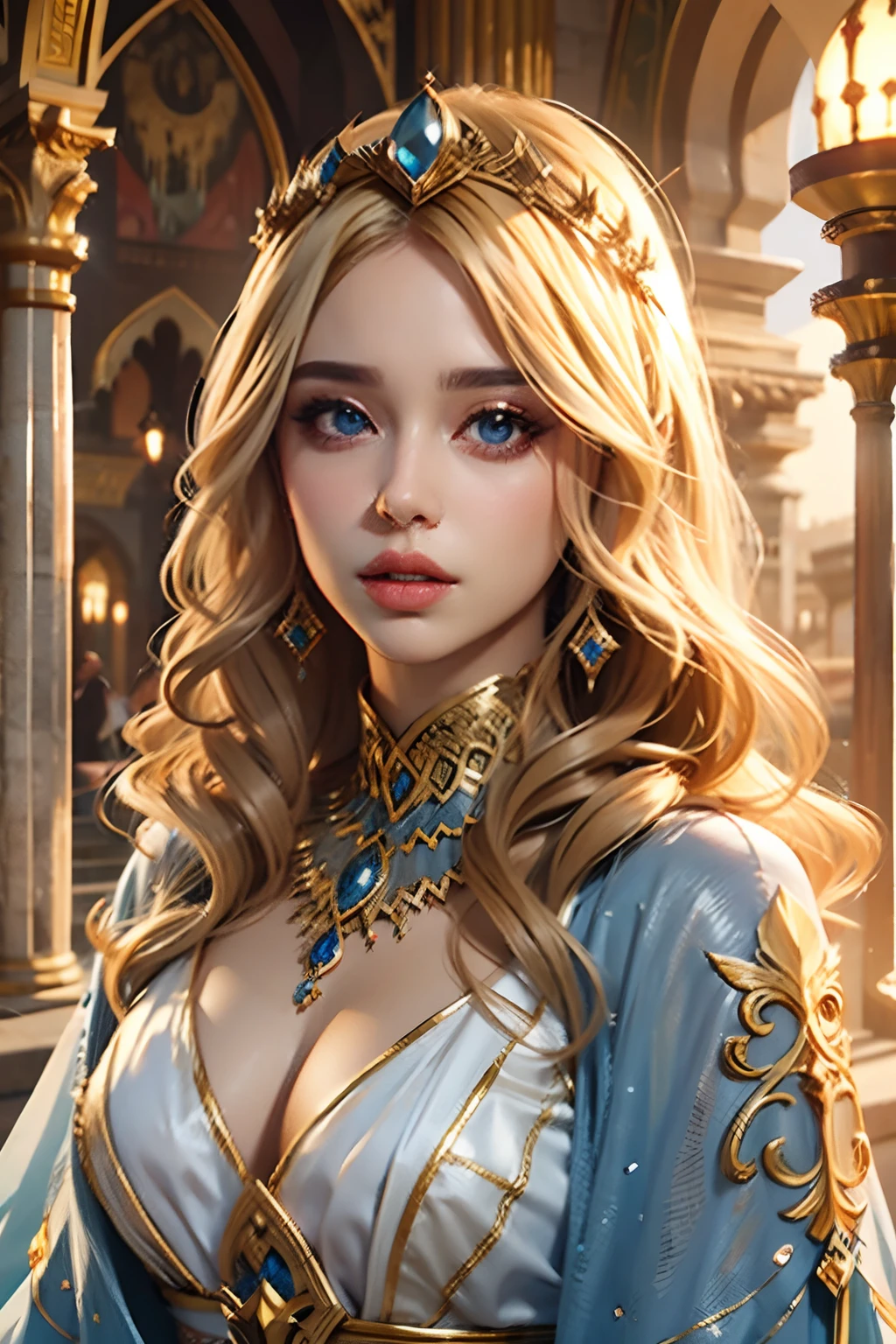 Islamic Beautiful European blonde princess sexy face eyes bright crystal face portrait caftan islamic hyper realistic super detailed