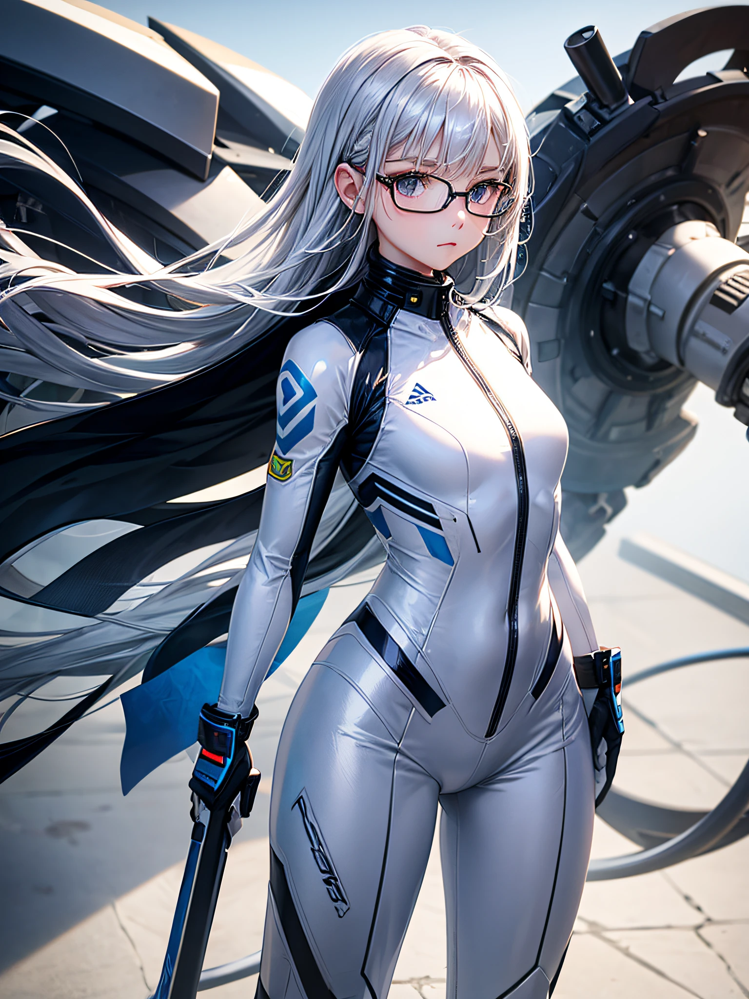 8K UHD、White-shiny white full-body rider suit with glasses silver hair and small-nosed beauty standing with legs open facing the front、Wearing a white metallic rider suit、Upper Body Up